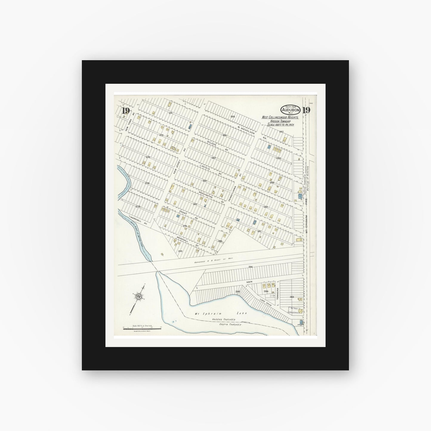 Old map wall art mockup — black gallery frame with white mat — Sanborn Fire Insurance Map from Audubon, Camden County, New Jersey (1924), Sheet #0019