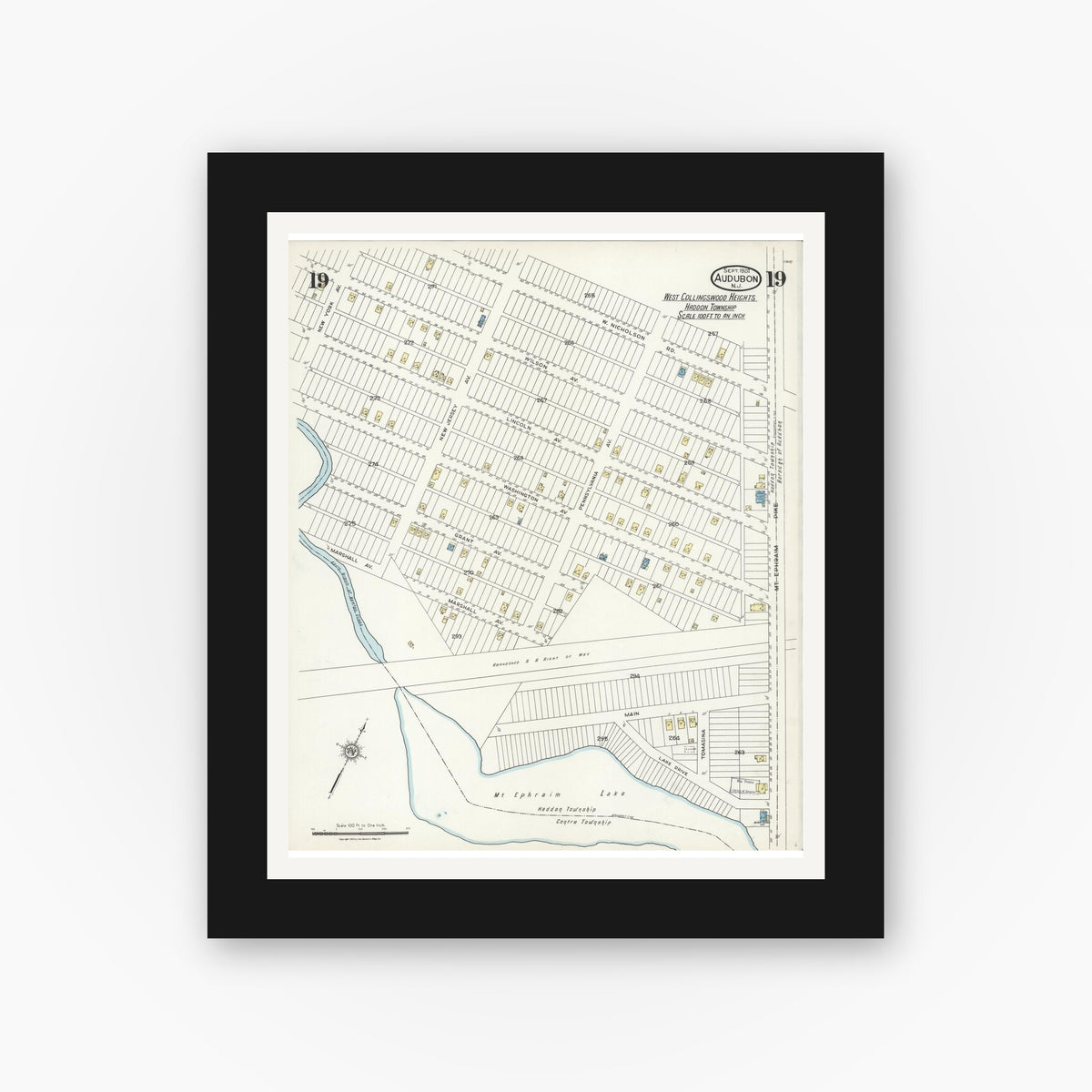 Old map wall art mockup — black gallery frame with white mat — Sanborn Fire Insurance Map from Audubon, Camden County, New Jersey (1924), Sheet #0019