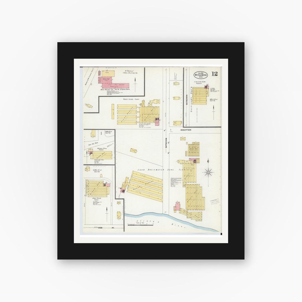 Old map wall art mockup — black gallery frame with white mat — Sanborn Fire Insurance Map from Mount Clemens, Macomb County, Michigan (1903), Sheet #0012