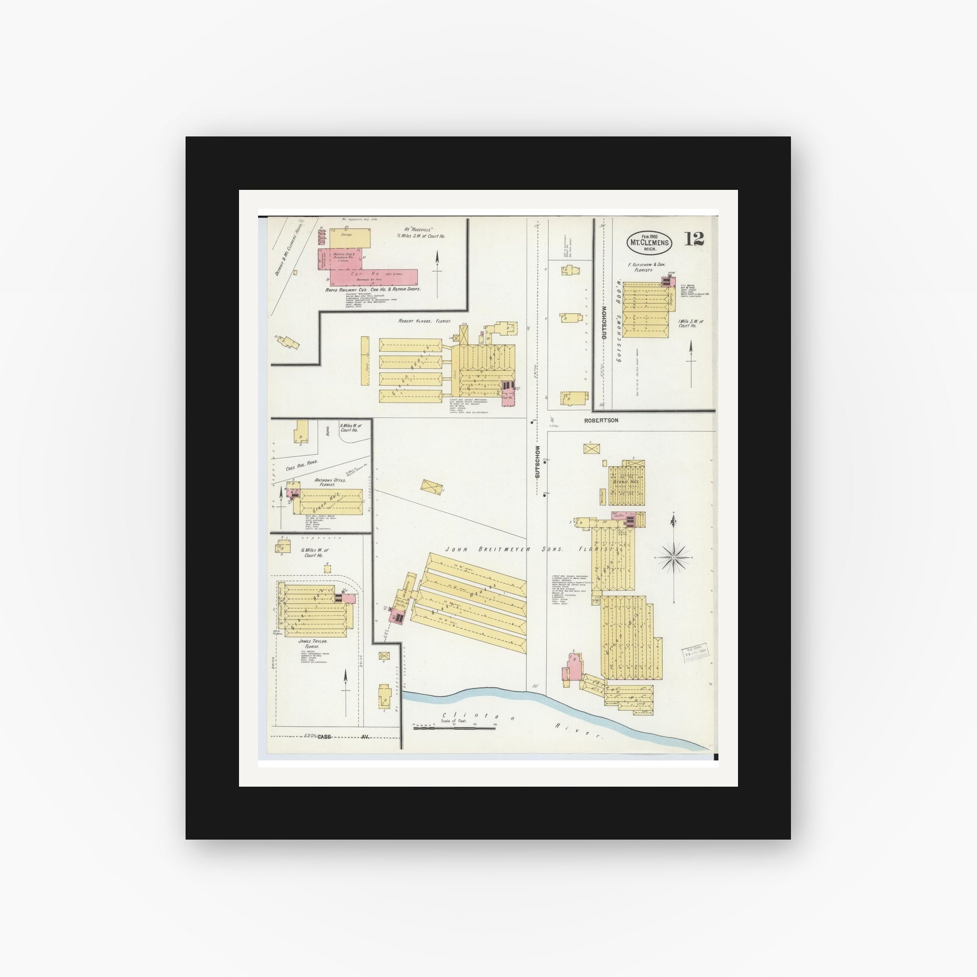 Old map wall art mockup — black gallery frame with white mat — Sanborn Fire Insurance Map from Mount Clemens, Macomb County, Michigan (1903), Sheet #0012