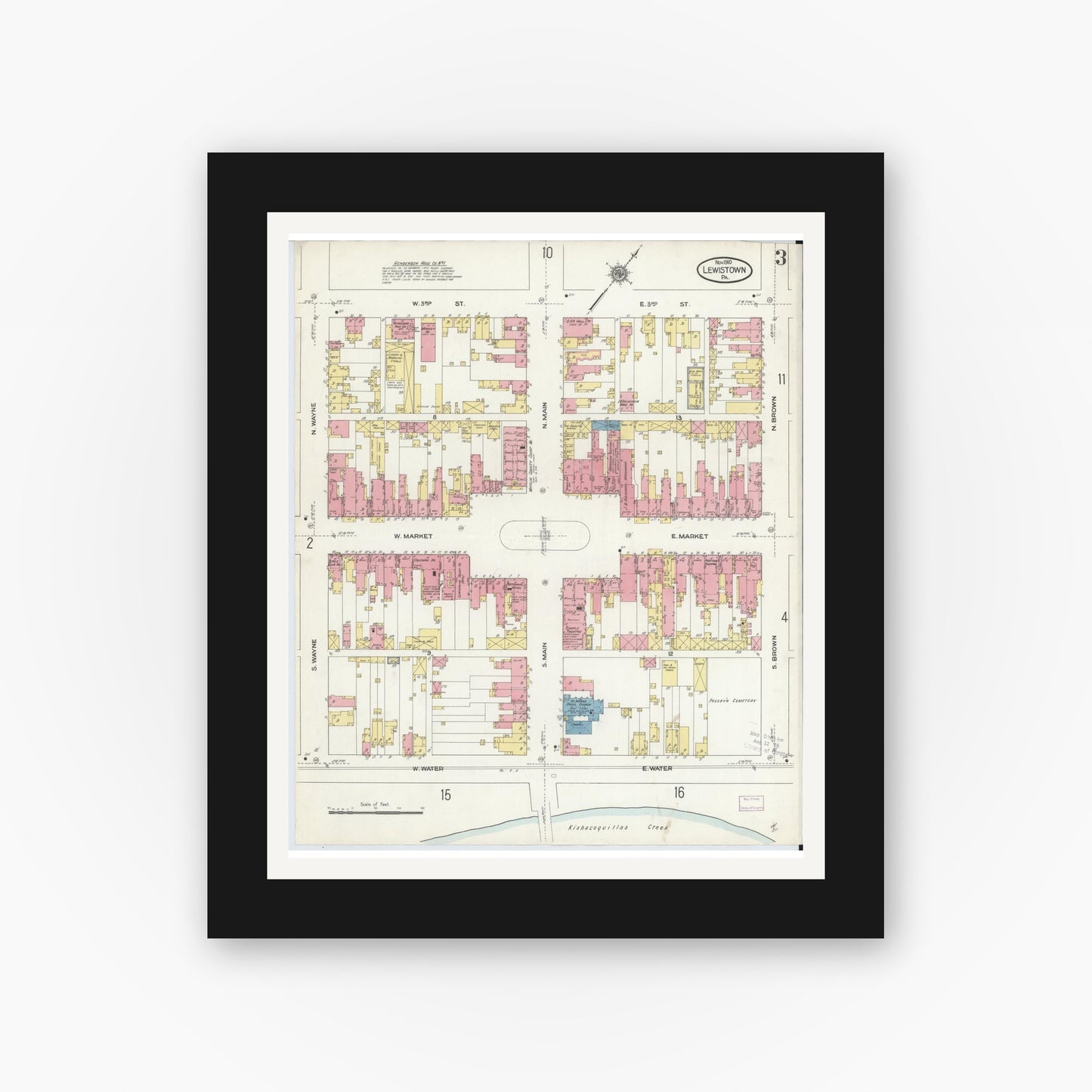 Old map wall art mockup — black gallery frame with white mat — Sanborn Fire Insurance Map from Lewistown, Mifflin County, Pennsylvania (1910), Sheet #0003