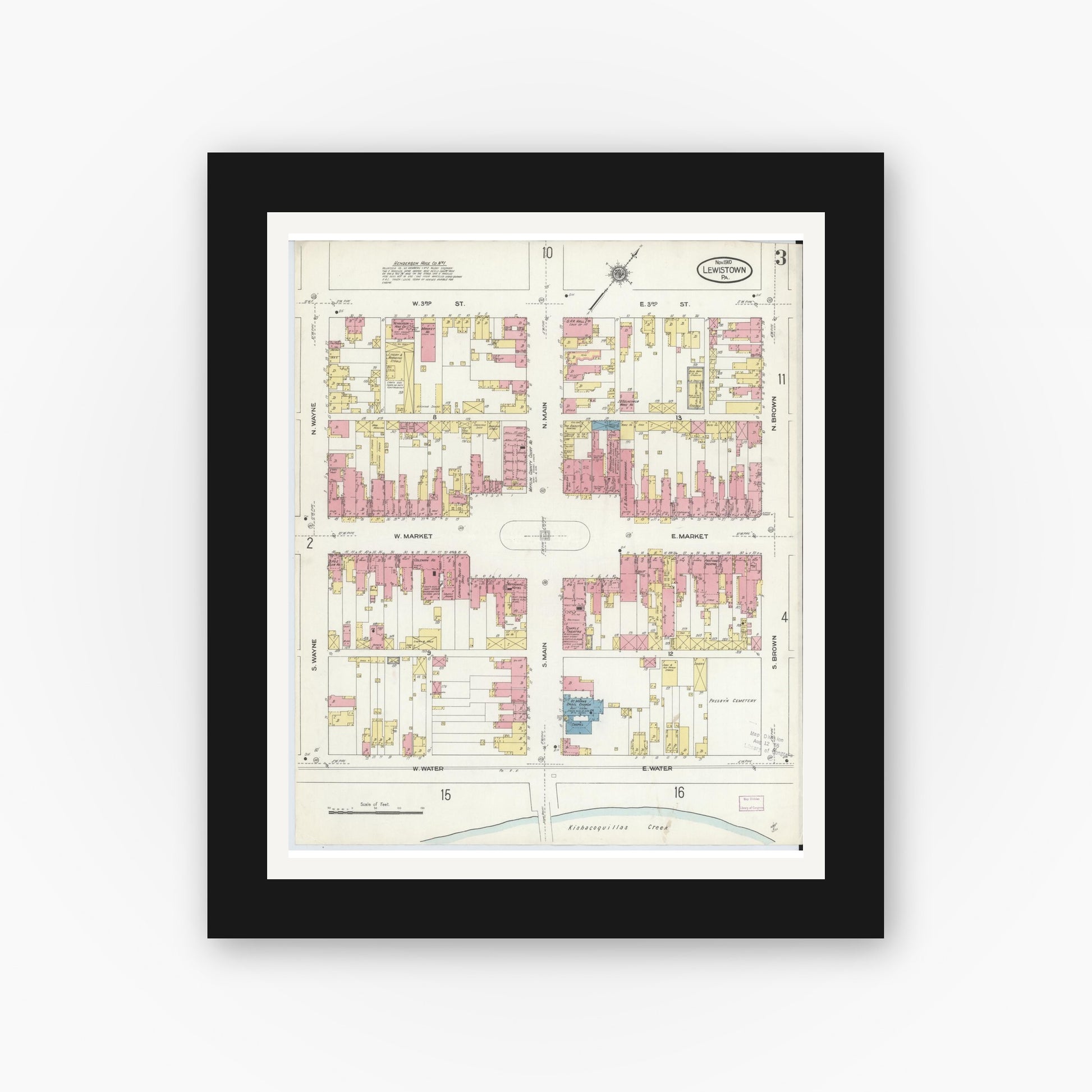 Old map wall art mockup — black gallery frame with white mat — Sanborn Fire Insurance Map from Lewistown, Mifflin County, Pennsylvania (1910), Sheet #0003