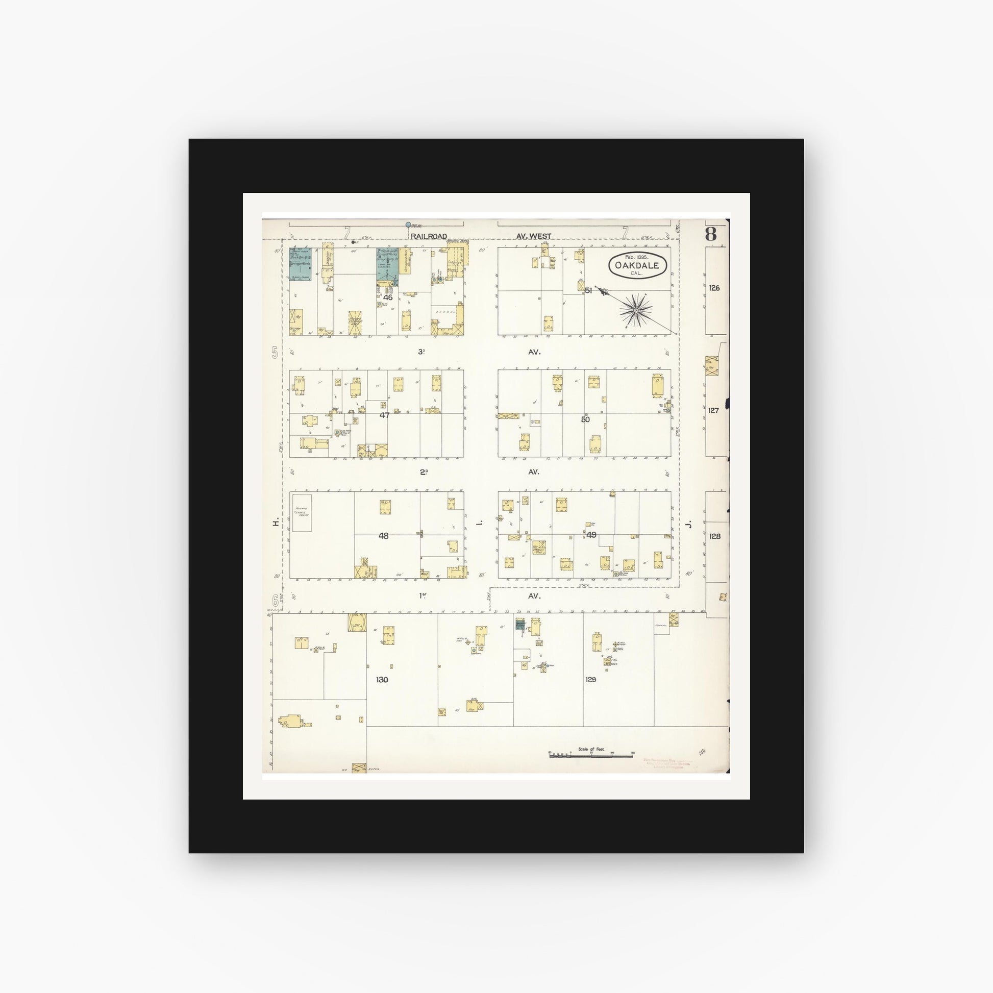 Old map wall art mockup — black gallery frame with white mat — Sanborn Fire Insurance Map from Oakdale, Stanislaus County, California (1895), Sheet #0008