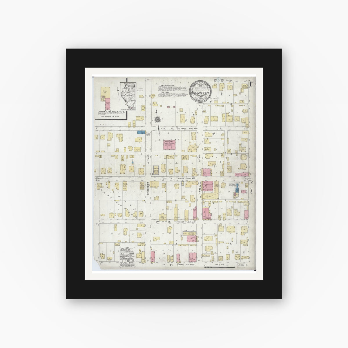 Old map wall art mockup — black gallery frame with white mat — Sanborn Fire Insurance Map from Brookport, Massac County, Illinois (1921), Sheet #0001