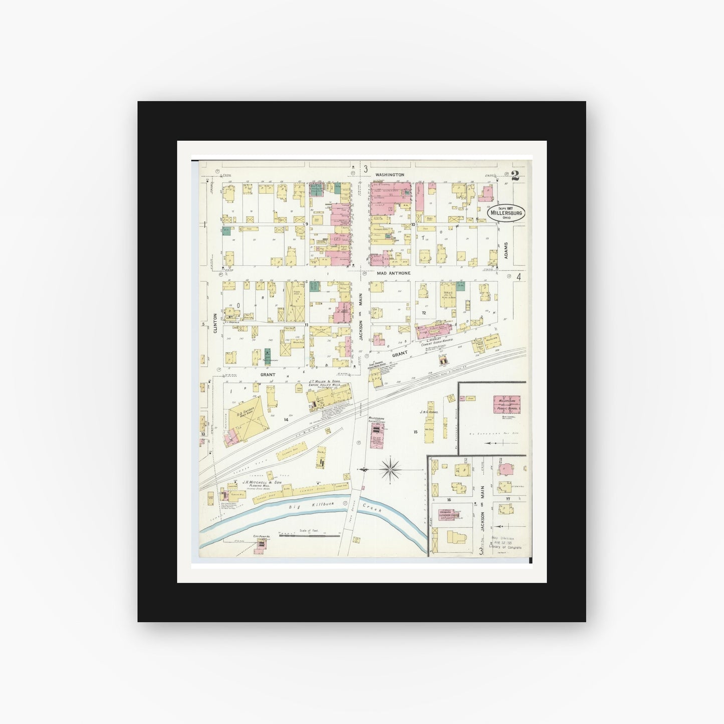 Old map wall art mockup — black gallery frame with white mat — Sanborn Fire Insurance Map from Millersburg, Holmes County, Ohio (1907), Sheet #0002