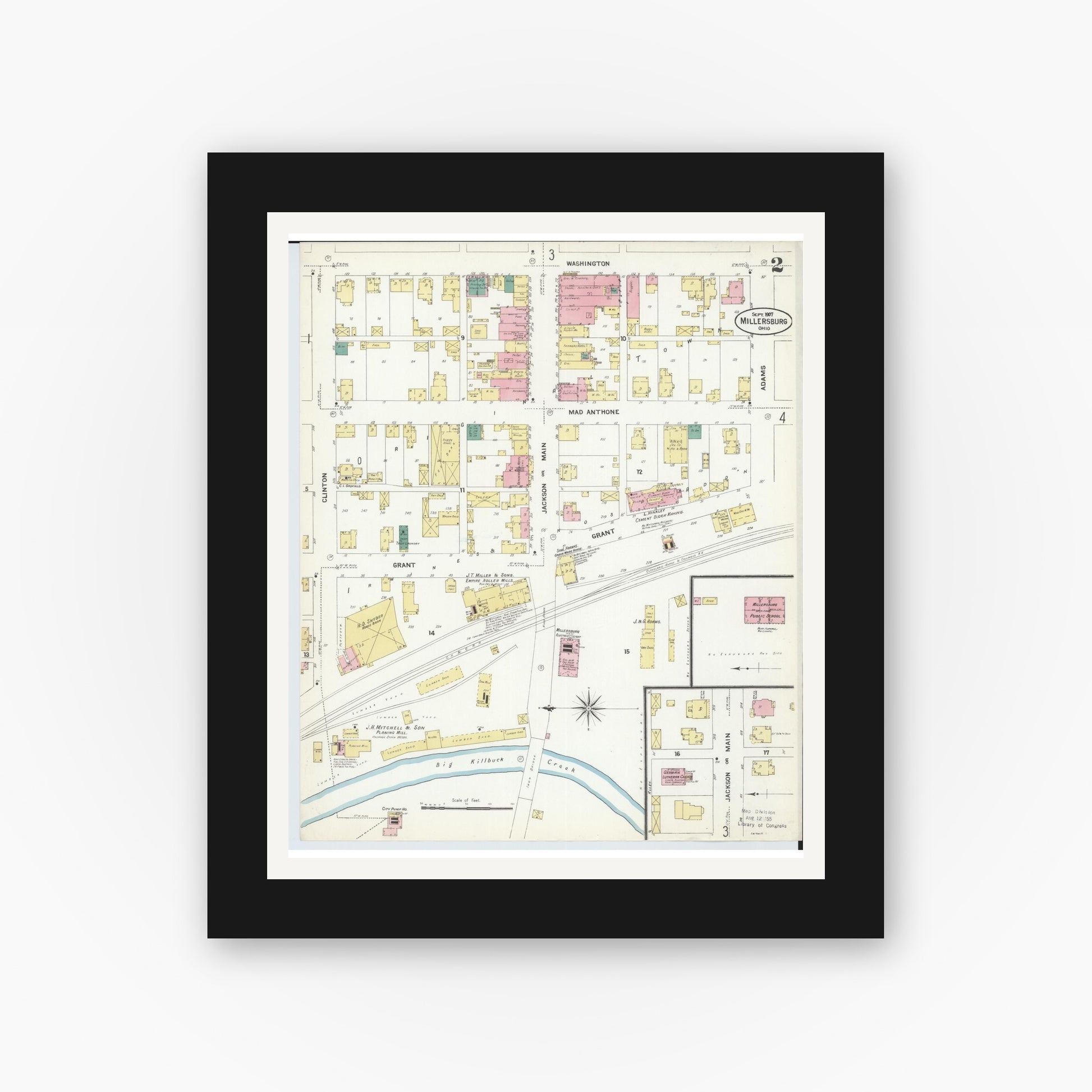 Old map wall art mockup — black gallery frame with white mat — Sanborn Fire Insurance Map from Millersburg, Holmes County, Ohio (1907), Sheet #0002