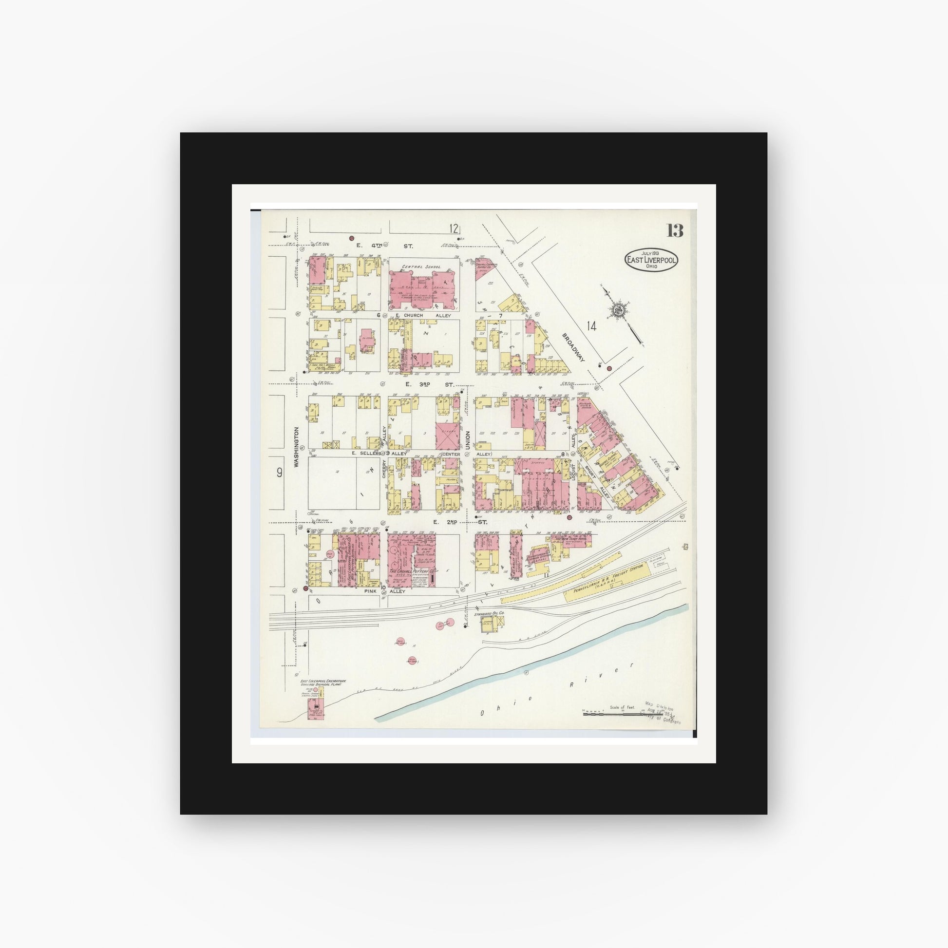 Old map wall art mockup — black gallery frame with white mat — Sanborn Fire Insurance Map from East Liverpool, Columbiana County, Ohio (1913), Sheet #0013