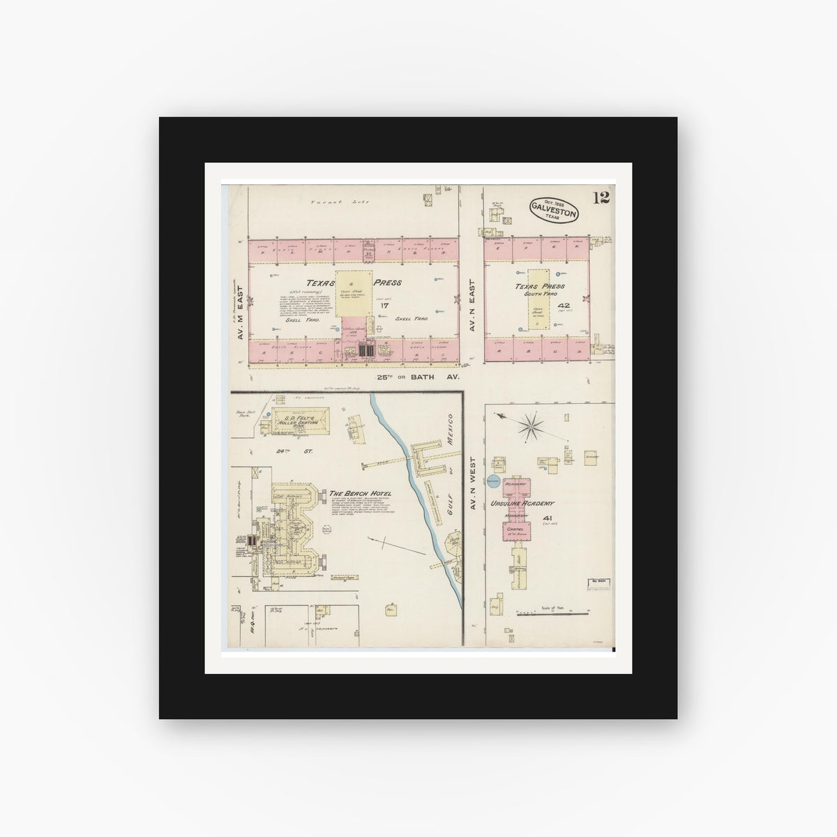 Old map wall art mockup — black gallery frame with white mat — Sanborn Fire Insurance Map from Galveston, Galveston County, Texas (1885), Sheet #0012