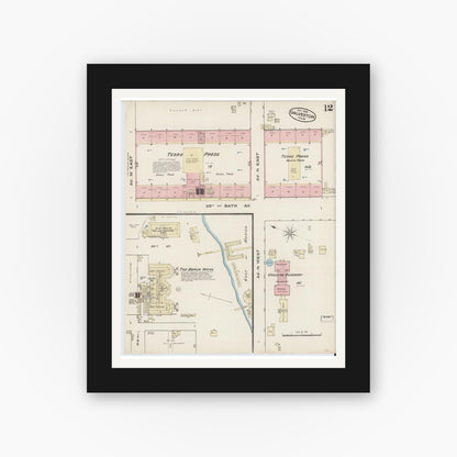 Old map wall art mockup — black gallery frame with white mat — Sanborn Fire Insurance Map from Galveston, Galveston County, Texas (1885), Sheet #0012