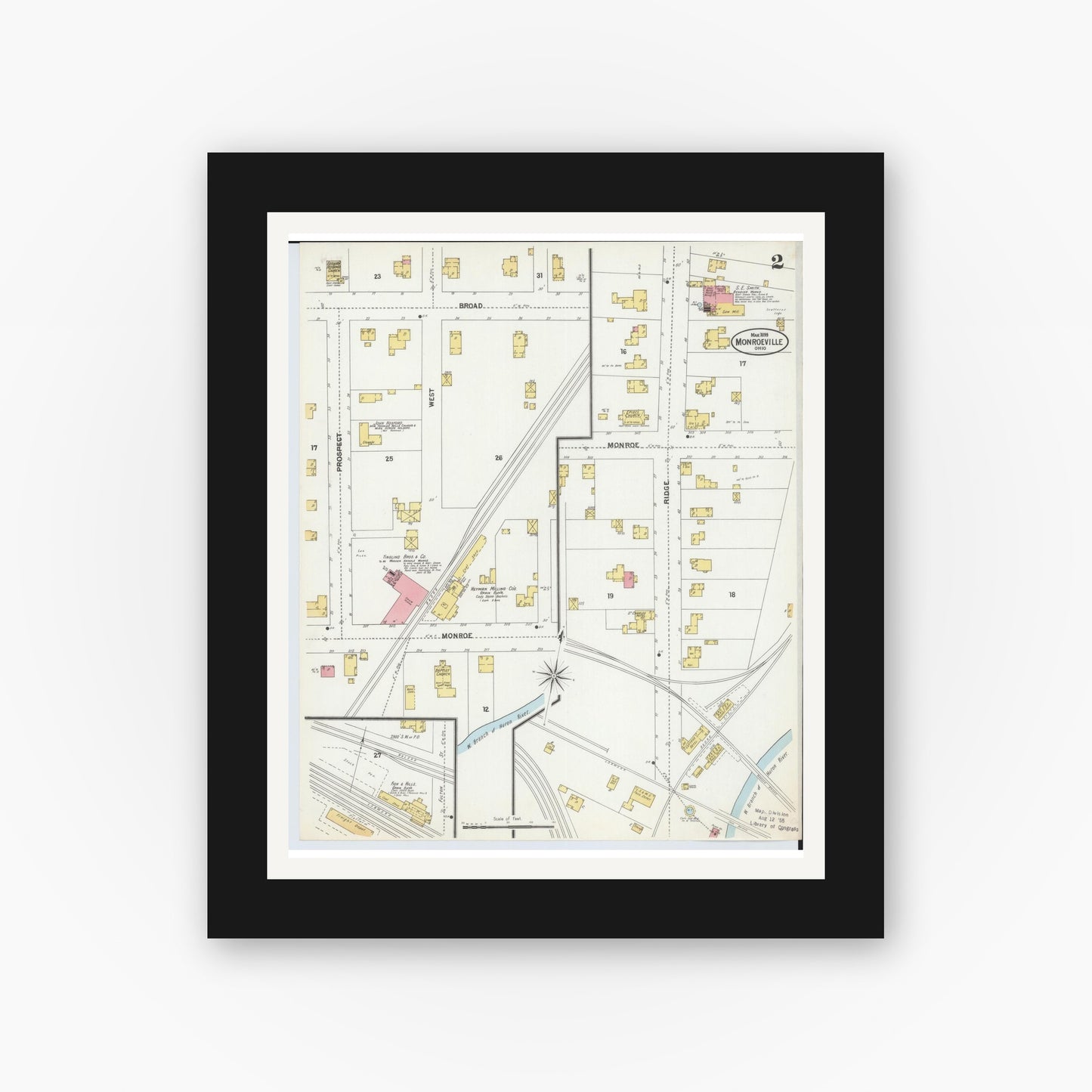 Old map wall art mockup — black gallery frame with white mat — Sanborn Fire Insurance Map from Monroeville, Huron County, Ohio (1899), Sheet #0002