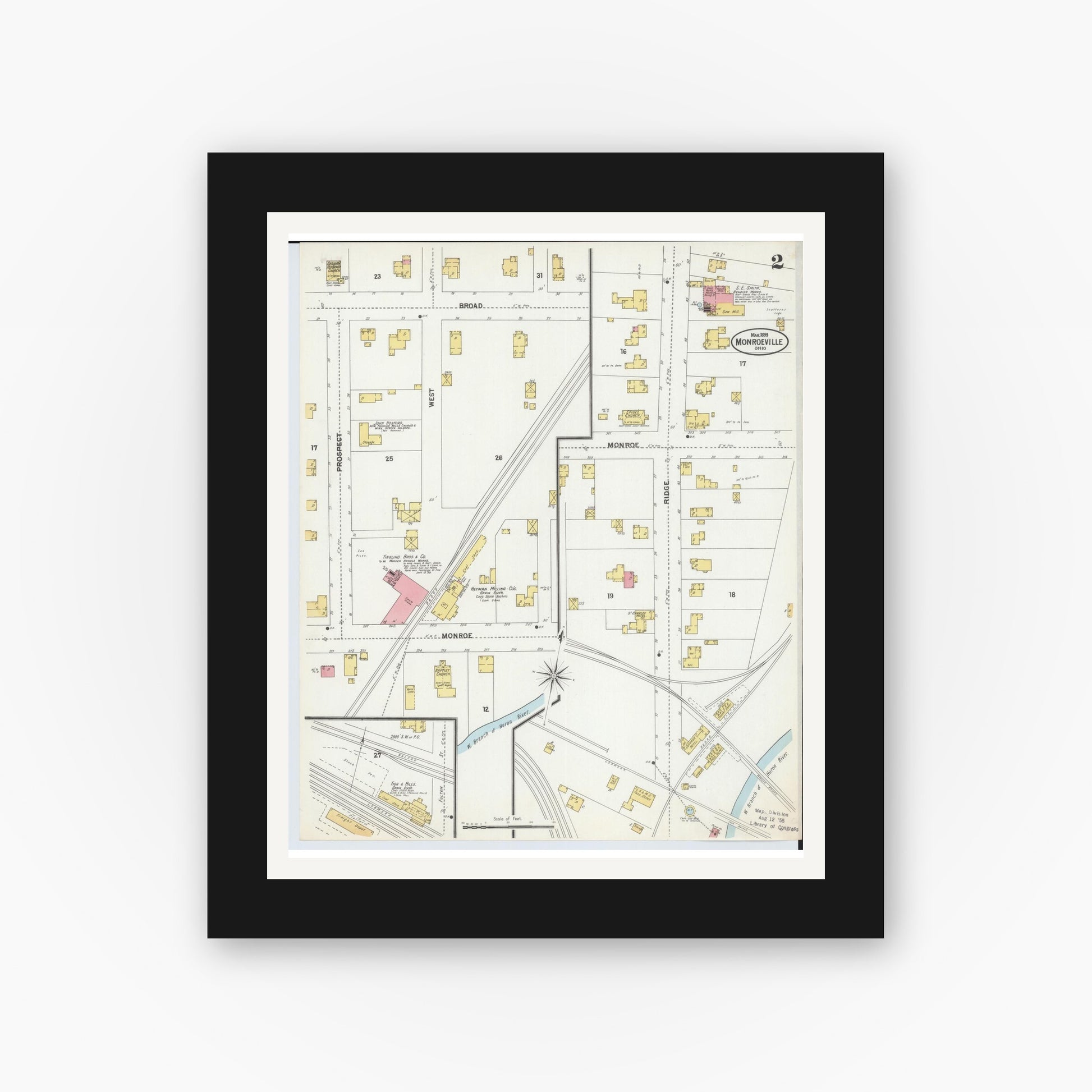 Old map wall art mockup — black gallery frame with white mat — Sanborn Fire Insurance Map from Monroeville, Huron County, Ohio (1899), Sheet #0002