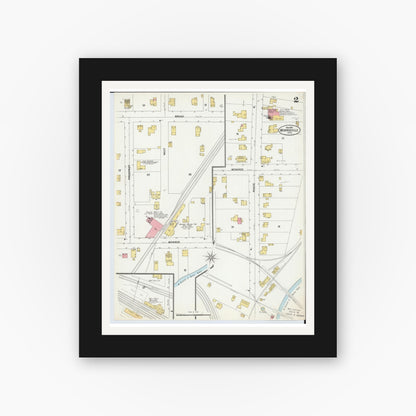 Old map wall art mockup — black gallery frame with white mat — Sanborn Fire Insurance Map from Monroeville, Huron County, Ohio (1899), Sheet #0002