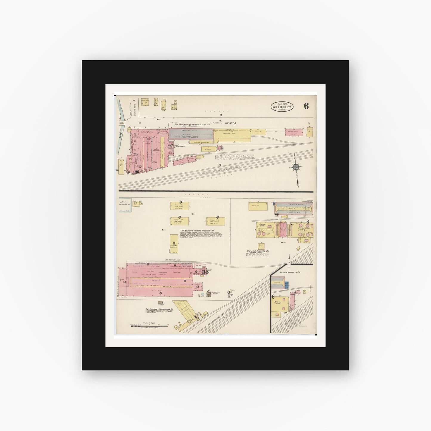 Old map wall art mockup — black gallery frame with white mat — Sanborn Fire Insurance Map from Willoughby, Lake County, Ohio (1922), Sheet #0006