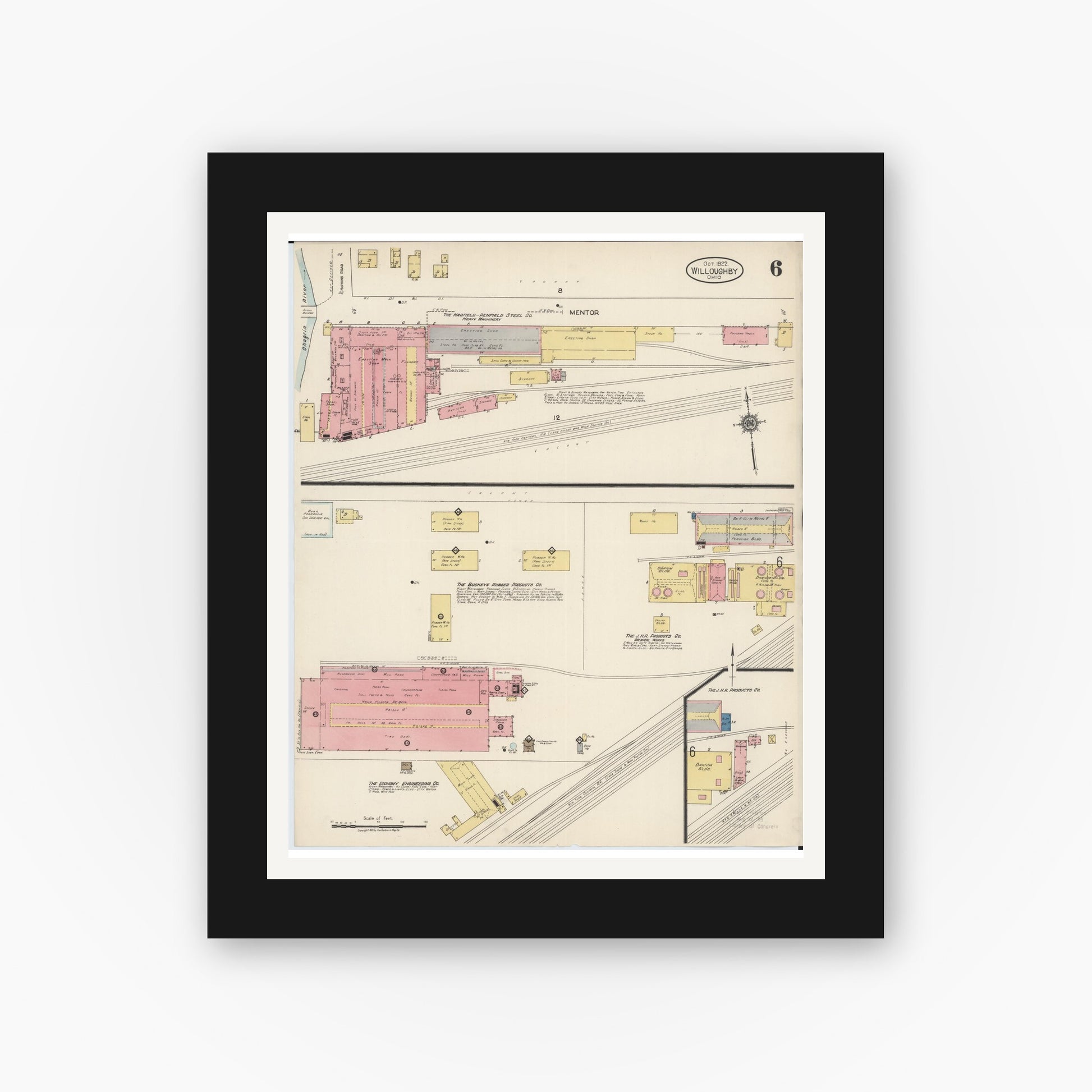 Old map wall art mockup — black gallery frame with white mat — Sanborn Fire Insurance Map from Willoughby, Lake County, Ohio (1922), Sheet #0006