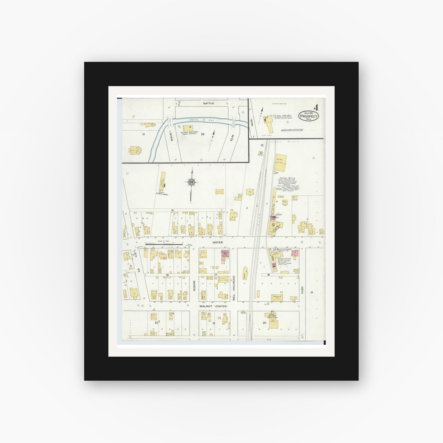 Old map wall art mockup — black gallery frame with white mat — Sanborn Fire Insurance Map from Prospect, Marion County, Ohio (1916), Sheet #0004