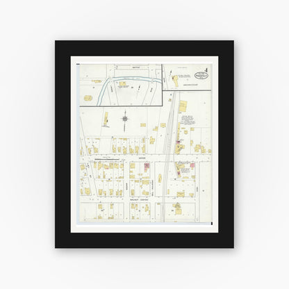 Old map wall art mockup — black gallery frame with white mat — Sanborn Fire Insurance Map from Prospect, Marion County, Ohio (1916), Sheet #0004