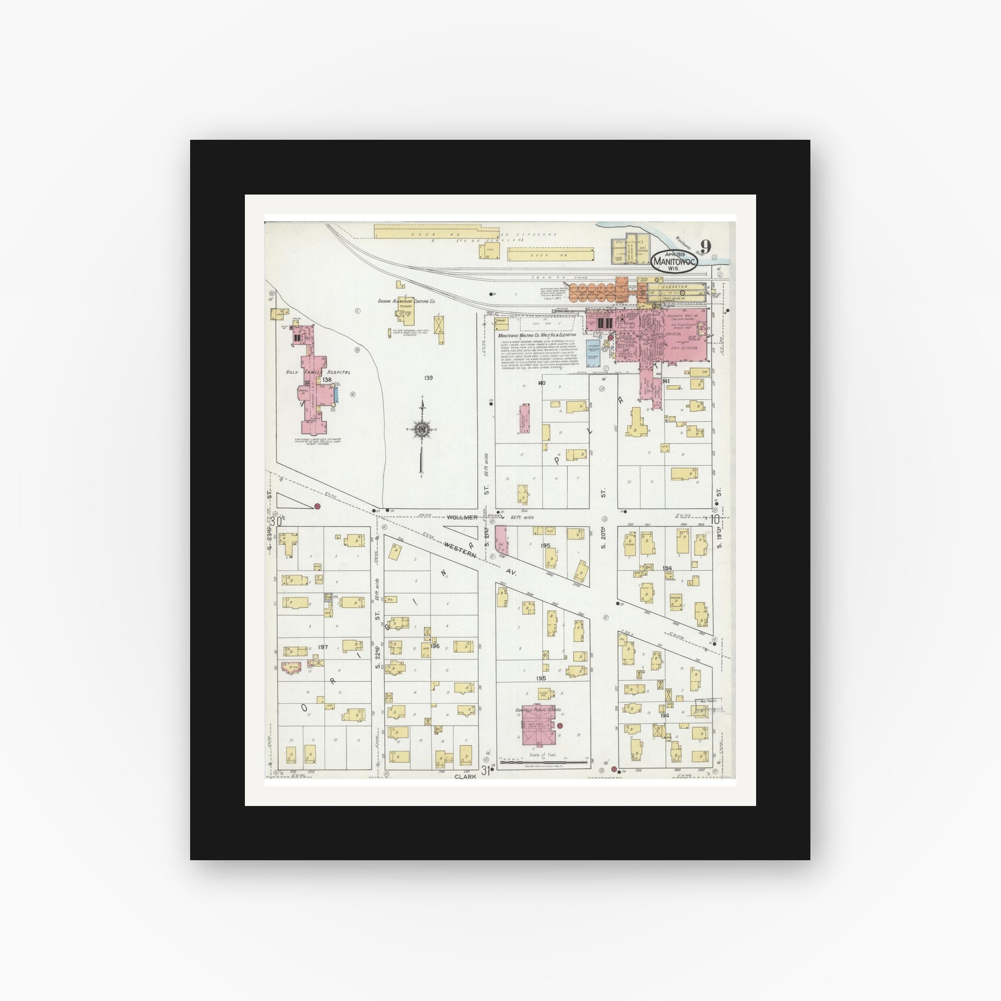 Old map wall art mockup — black gallery frame with white mat — Sanborn Fire Insurance Map from Manitowoc, Manitowoc County, Wisconsin (1919), Sheet #0009
