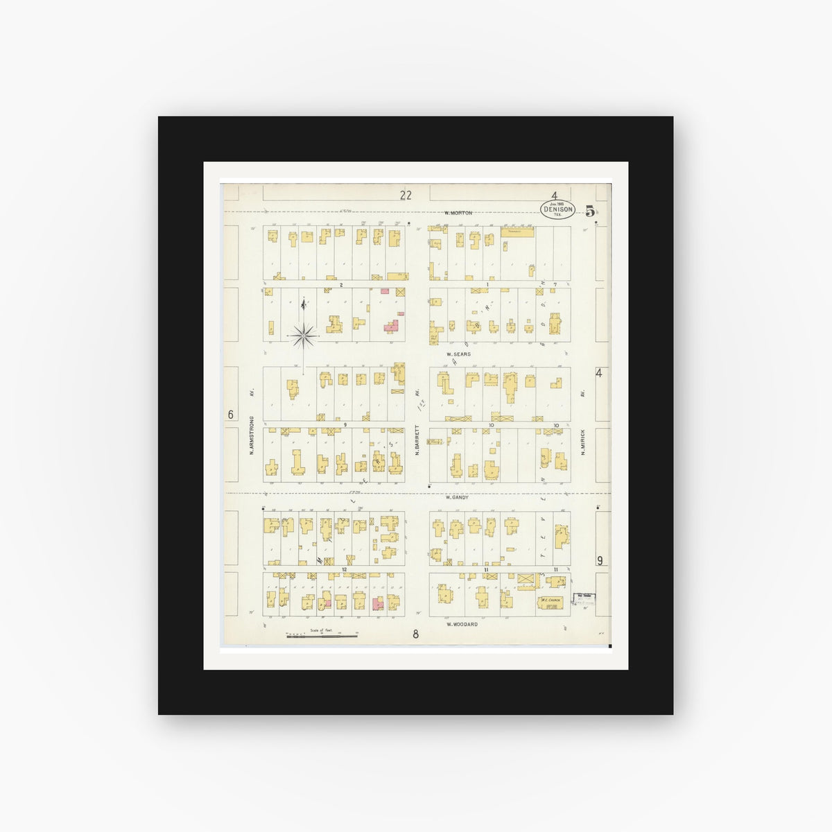 Old map wall art mockup — black gallery frame with white mat — Sanborn Fire Insurance Map from Denison, Grayson County, Texas (1903), Sheet #0005