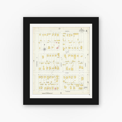 Old map wall art mockup — black gallery frame with white mat — Sanborn Fire Insurance Map from Denison, Grayson County, Texas (1903), Sheet #0005