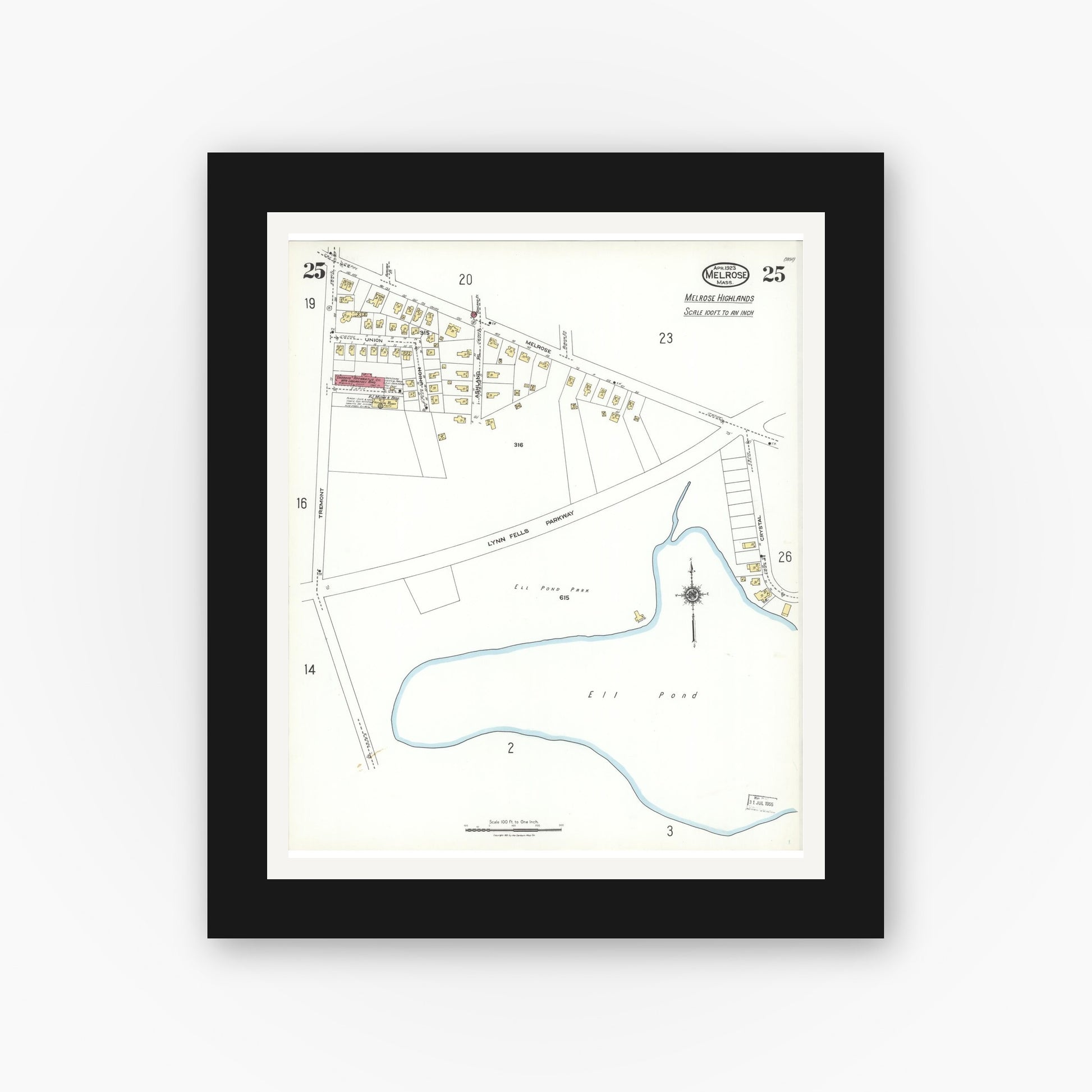 Old map wall art mockup — black gallery frame with white mat — Sanborn Fire Insurance Map from Melrose, Middlesex County, Massachusetts (1923), Sheet #0025
