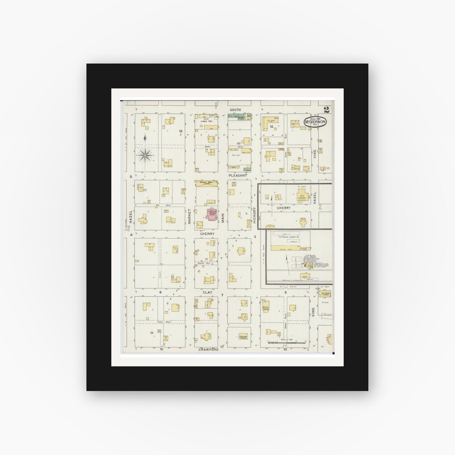 Old map wall art mockup — black gallery frame with white mat — Sanborn Fire Insurance Map from Mount Vernon, Lawrence County, Missouri (1894), Sheet #0002