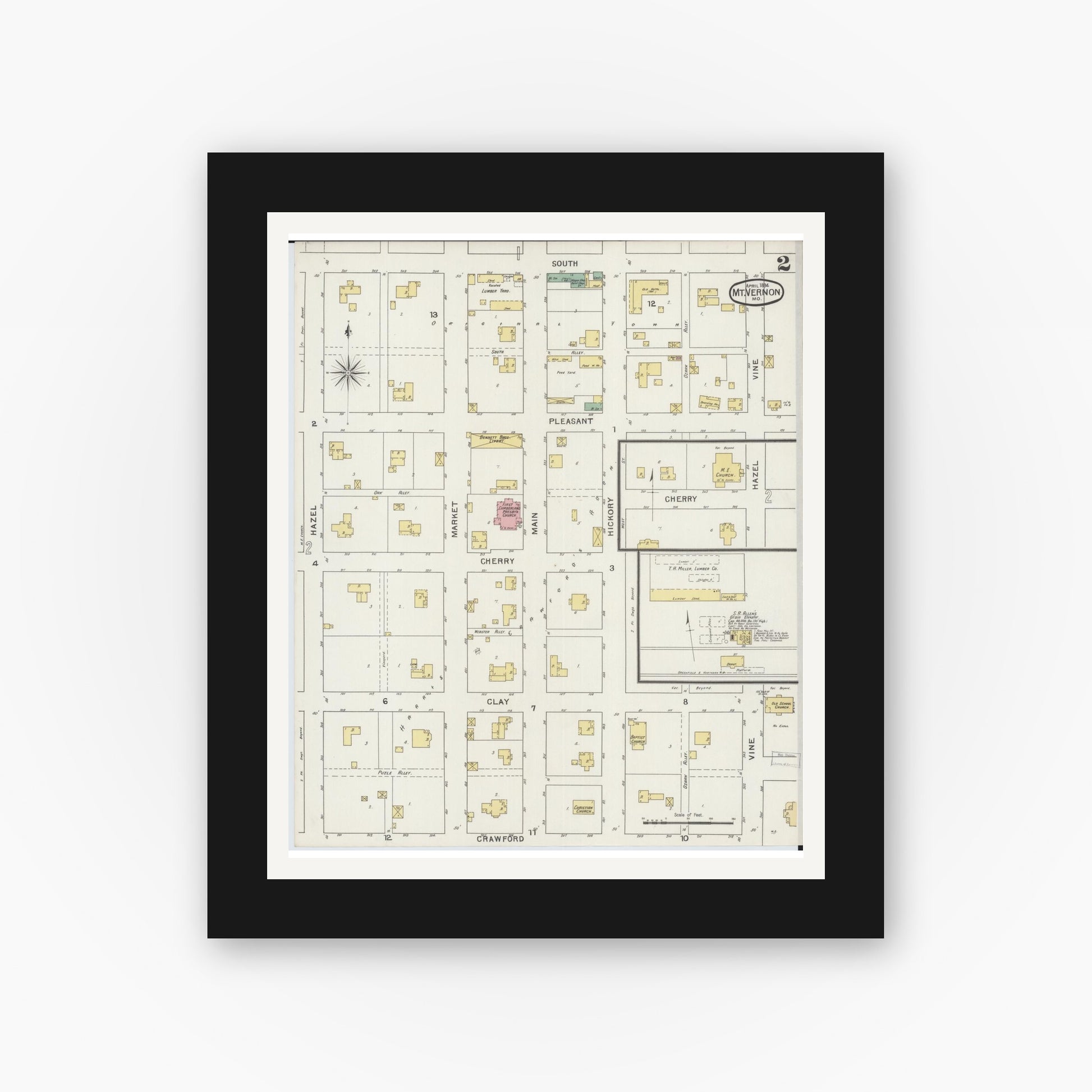 Old map wall art mockup — black gallery frame with white mat — Sanborn Fire Insurance Map from Mount Vernon, Lawrence County, Missouri (1894), Sheet #0002
