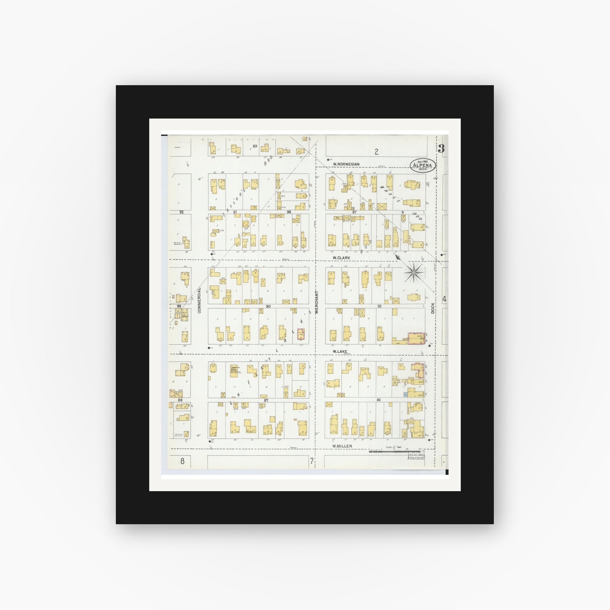 Old map wall art mockup — black gallery frame with white mat — Sanborn Fire Insurance Map from Alpena, Alpena County, Michigan (1901), Sheet #0003
