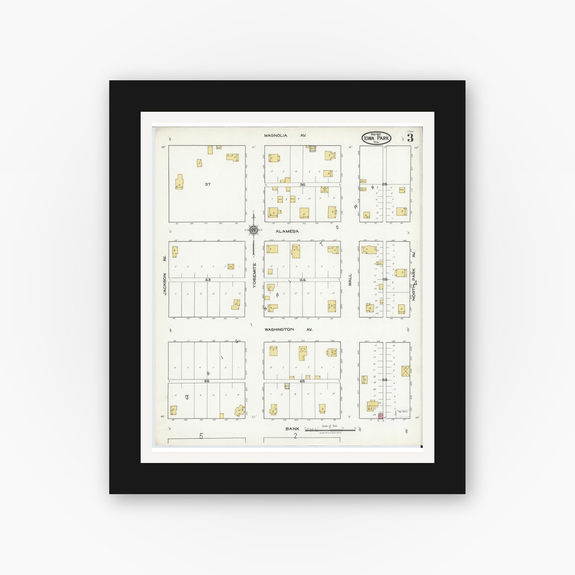 Old map wall art mockup — black gallery frame with white mat — Sanborn Fire Insurance Map from Iowa Park, Wichita County, Texas (1921), Sheet #0003