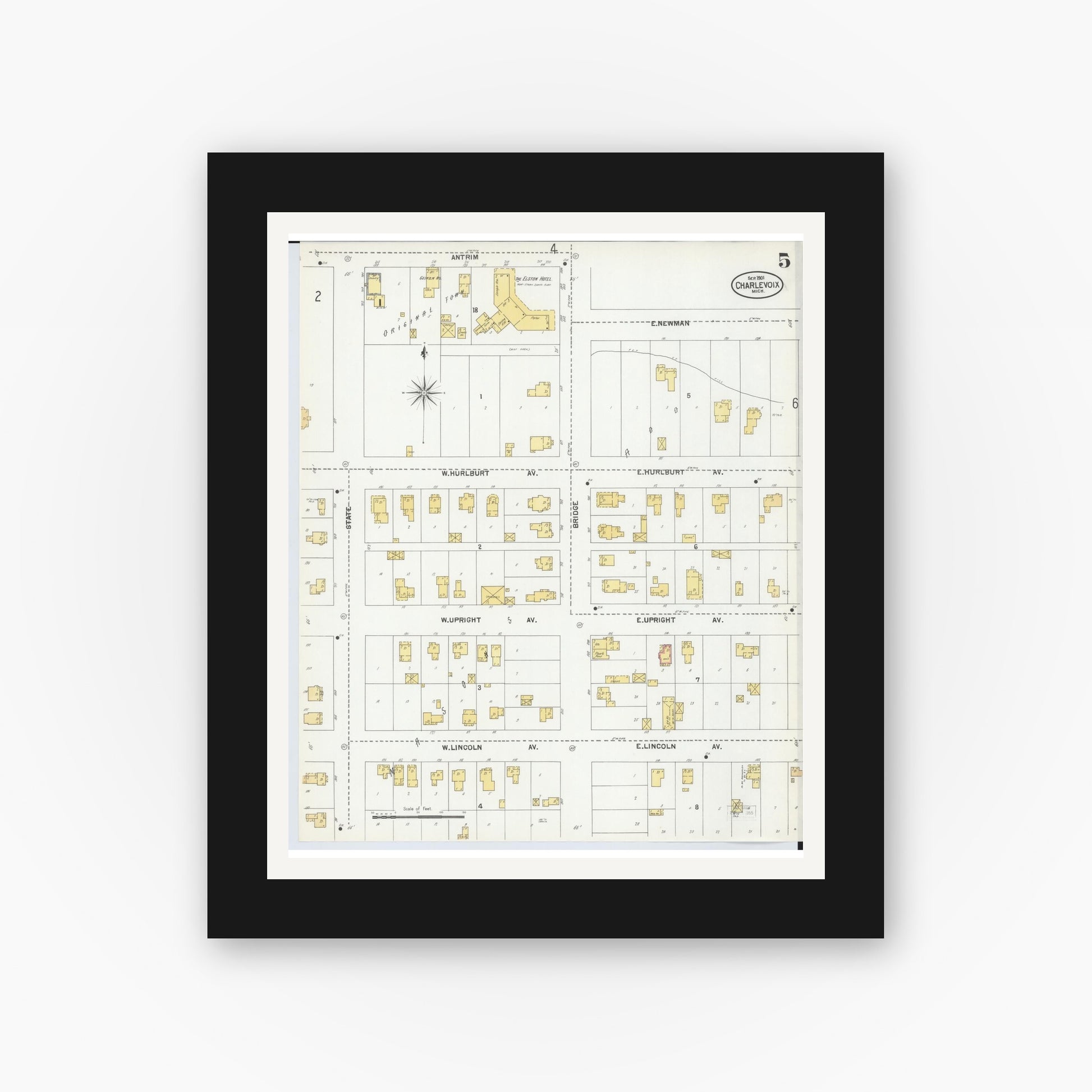 Old map wall art mockup — black gallery frame with white mat — Sanborn Fire Insurance Map from Charlevoix, Charlevoix County, Michigan (1901), Sheet #0005
