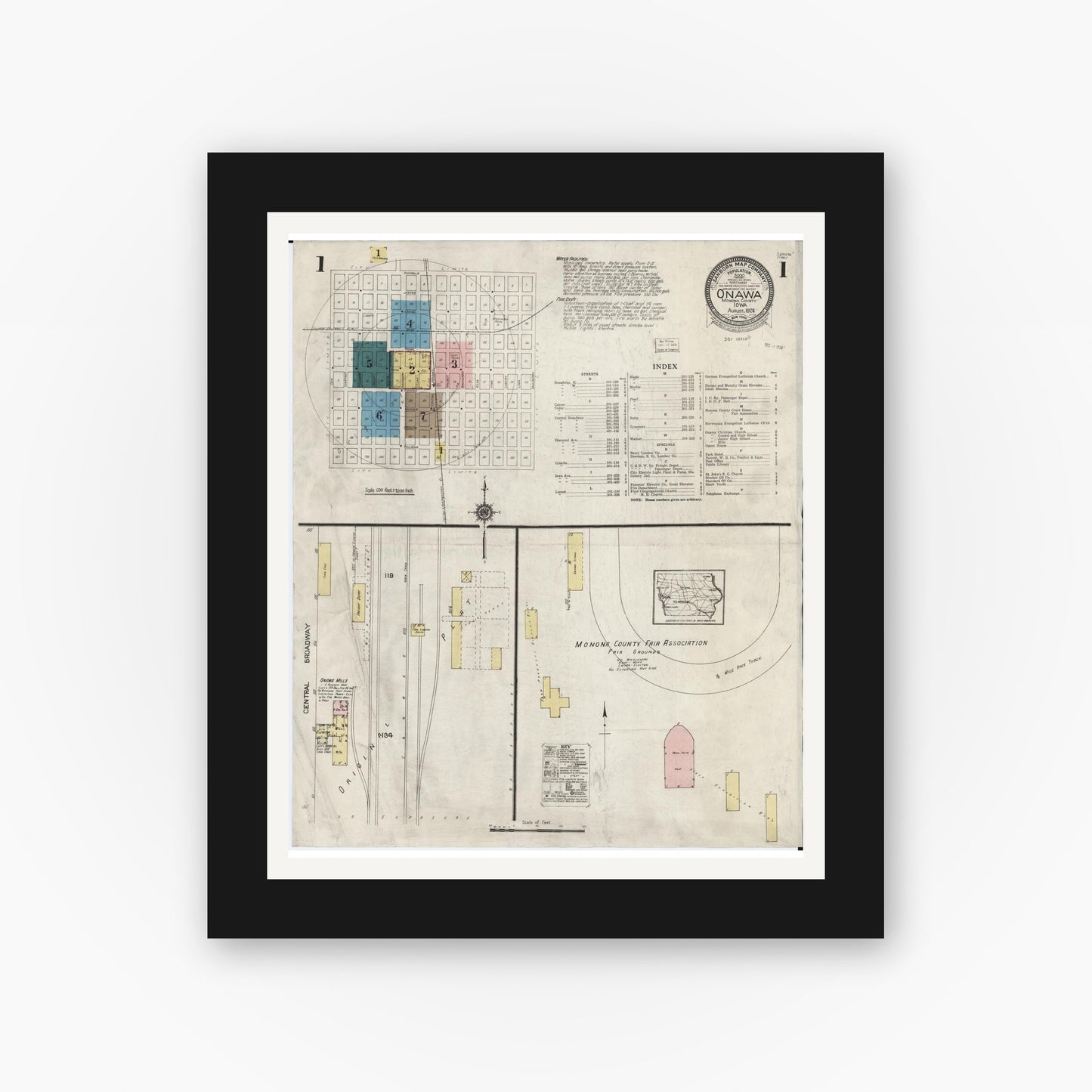Old map wall art mockup — black gallery frame with white mat — Sanborn Fire Insurance Map from Onawa, Monona County, Iowa (1924) â€” Complete Set