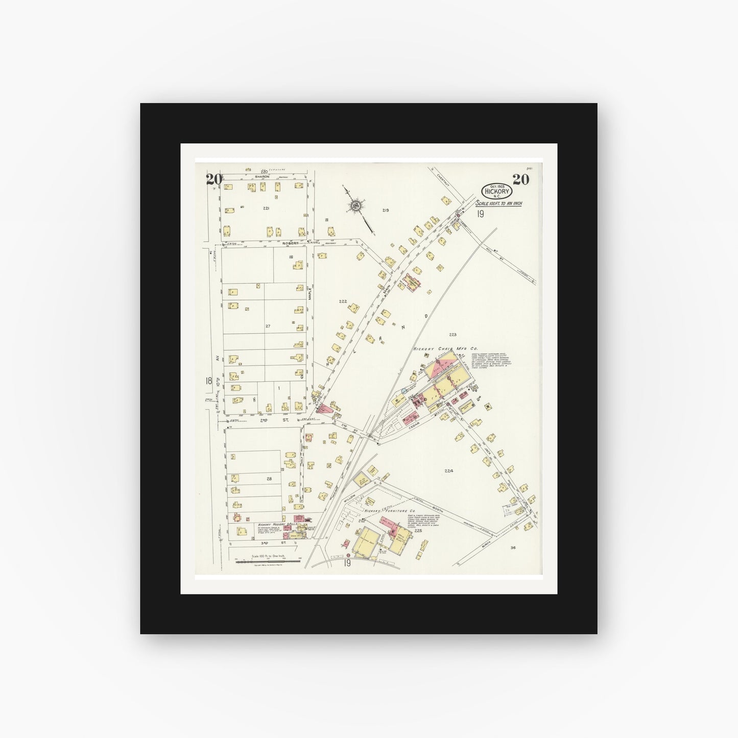 Old map wall art mockup — black gallery frame with white mat — Sanborn Fire Insurance Map from Hickory, Catawba County, North Carolina (1925), Sheet #0020