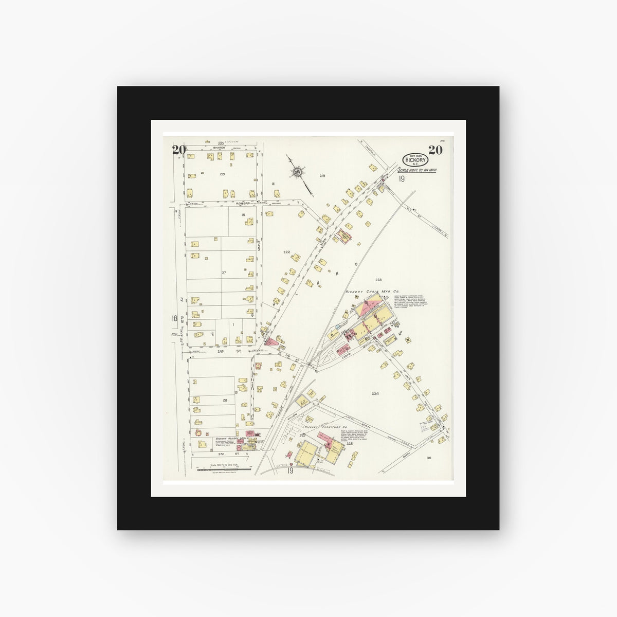 Old map wall art mockup — black gallery frame with white mat — Sanborn Fire Insurance Map from Hickory, Catawba County, North Carolina (1925), Sheet #0020
