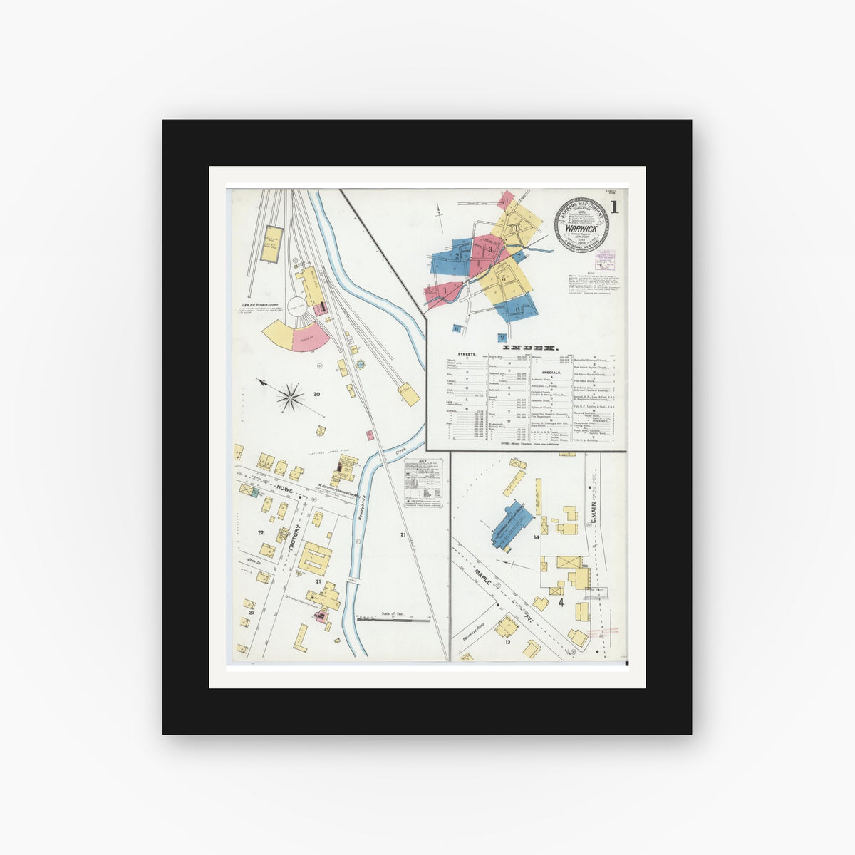 Old map wall art mockup — black gallery frame with white mat — Sanborn Fire Insurance Map from Warwick, Orange County, New York (1905), Sheet #0001
