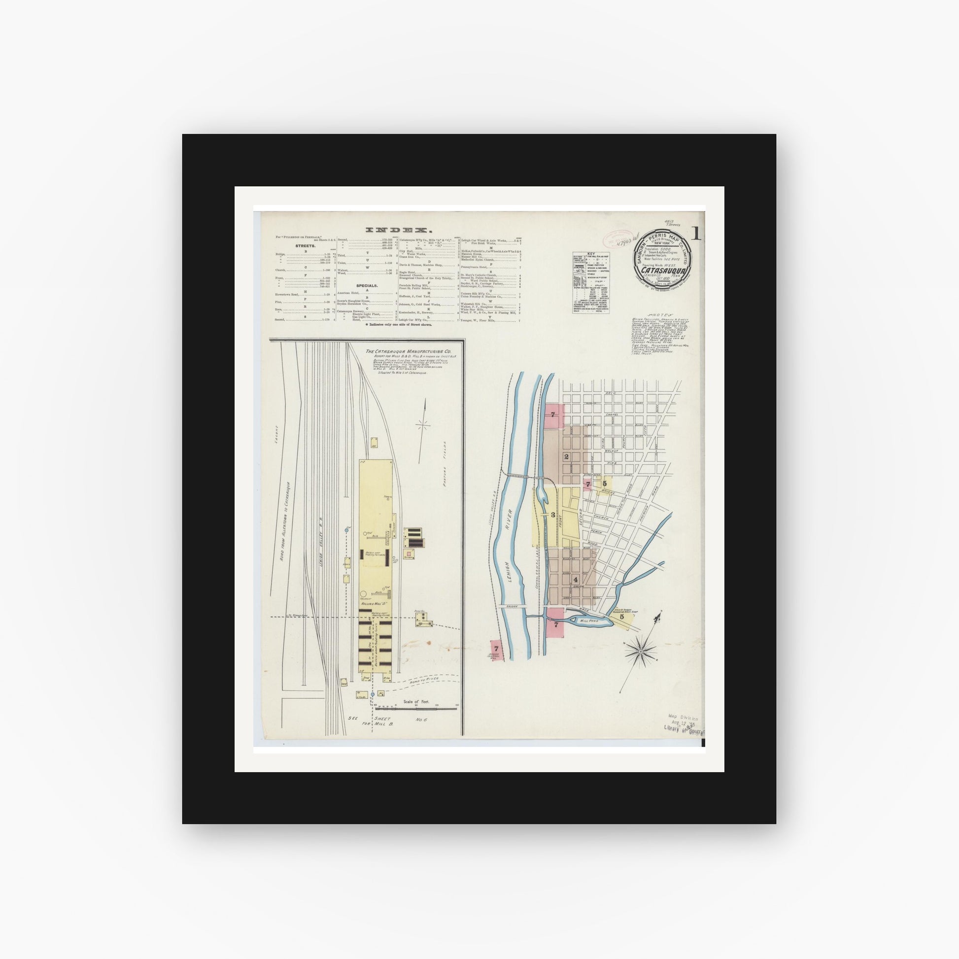 Old map wall art mockup — black gallery frame with white mat — Sanborn Fire Insurance Map from Catasauqua, Lehigh County, Pennsylvania (1891) - Complete Map Set