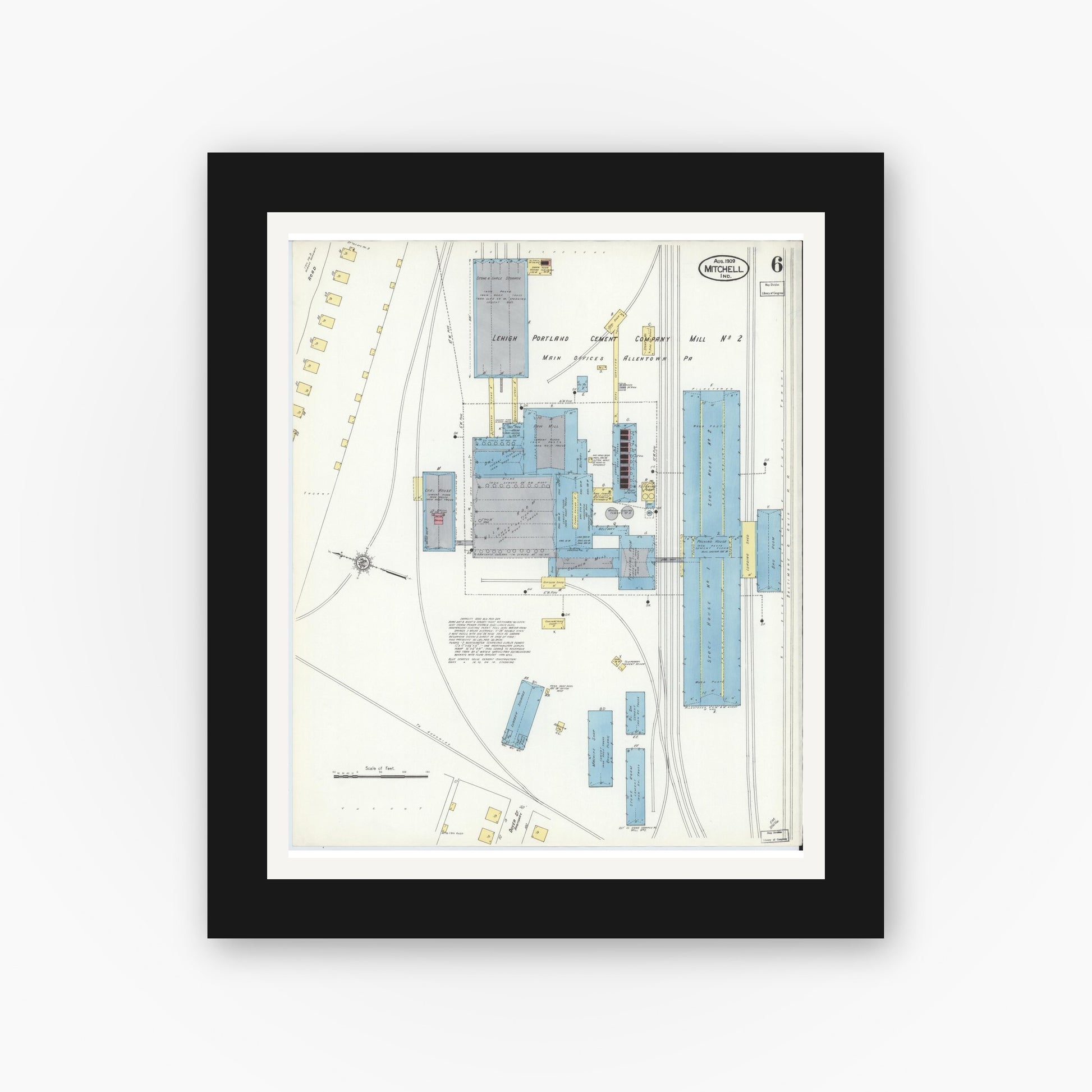Old map wall art mockup — black gallery frame with white mat — Sanborn Fire Insurance Map from Mitchell, Lawrence County, Indiana (1909), Sheet #0006