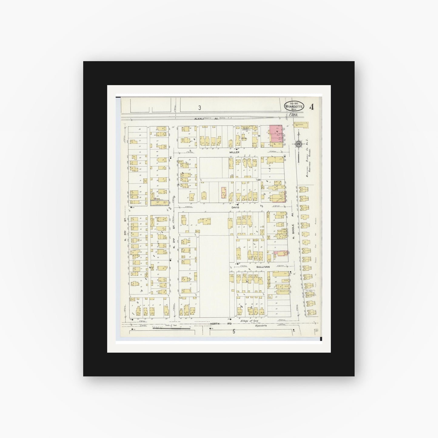 Old map wall art mockup — black gallery frame with white mat — Sanborn Fire Insurance Map from Wyandotte, Wayne County, Michigan (1912), Sheet #0004