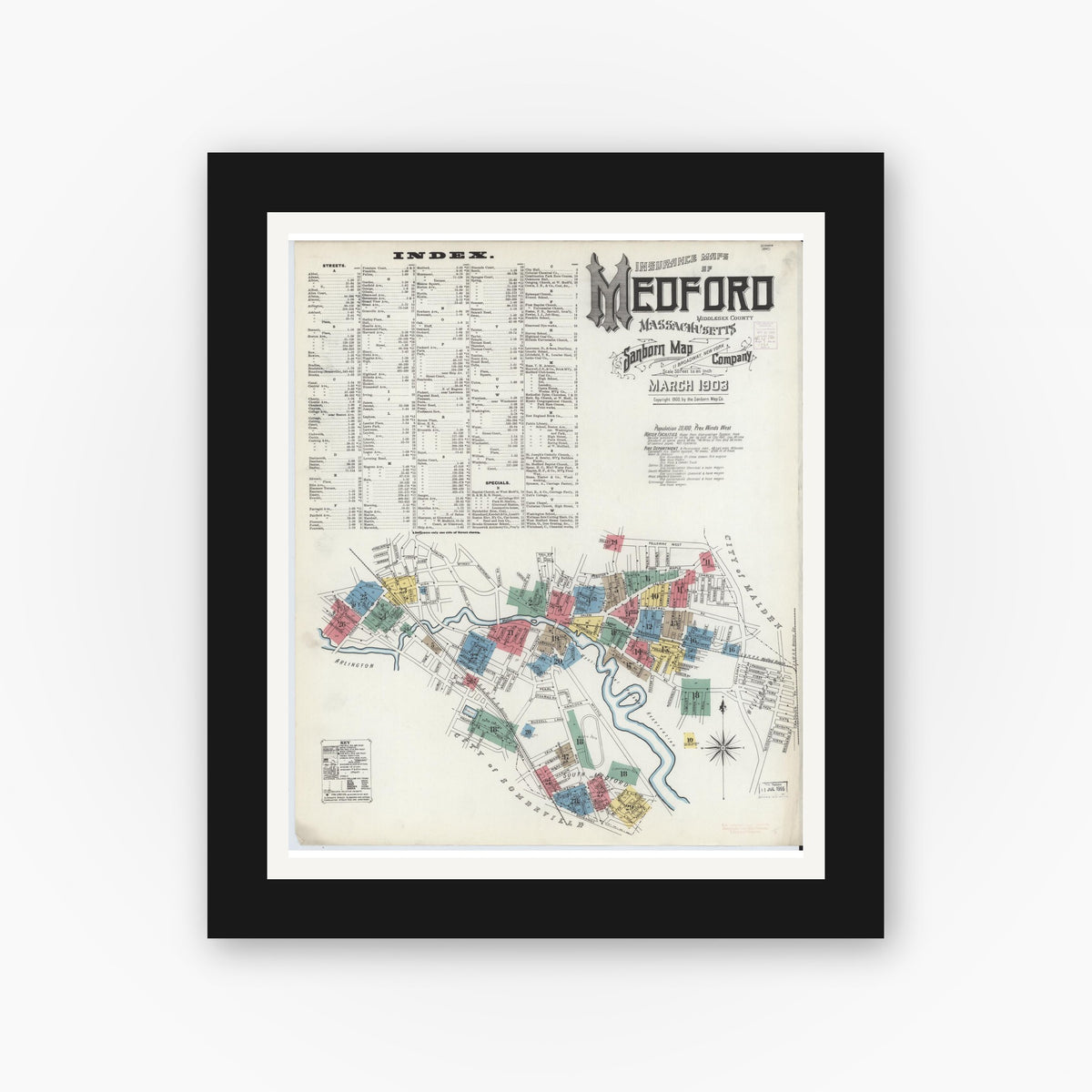 Old map wall art mockup — black gallery frame with white mat — Sanborn Fire Insurance Map from Medford, Middlesex County, Massachusetts (1903), Sheet #0001