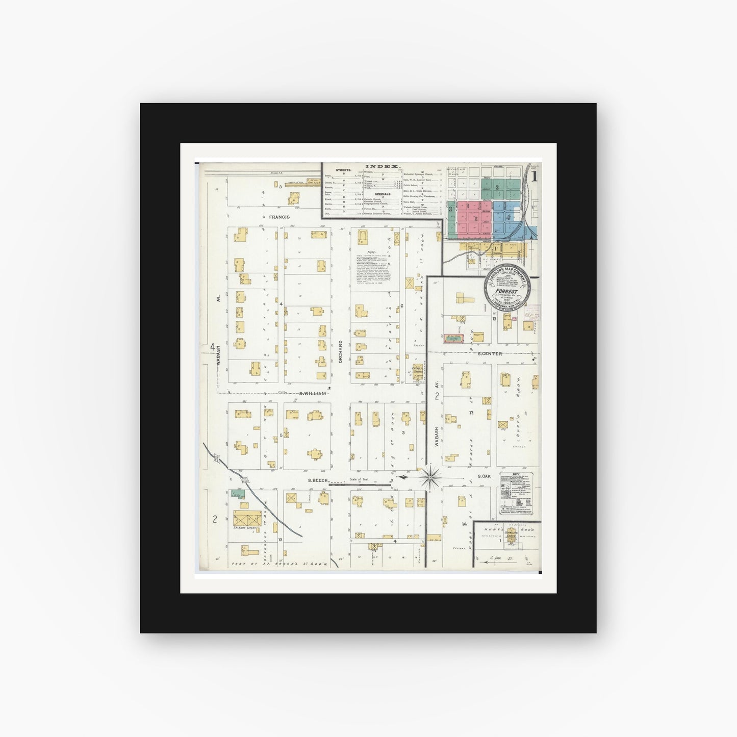 Old map wall art mockup — black gallery frame with white mat — Sanborn Fire Insurance Map from Forrest, Livingston County, Illinois (1906), Sheet #0001