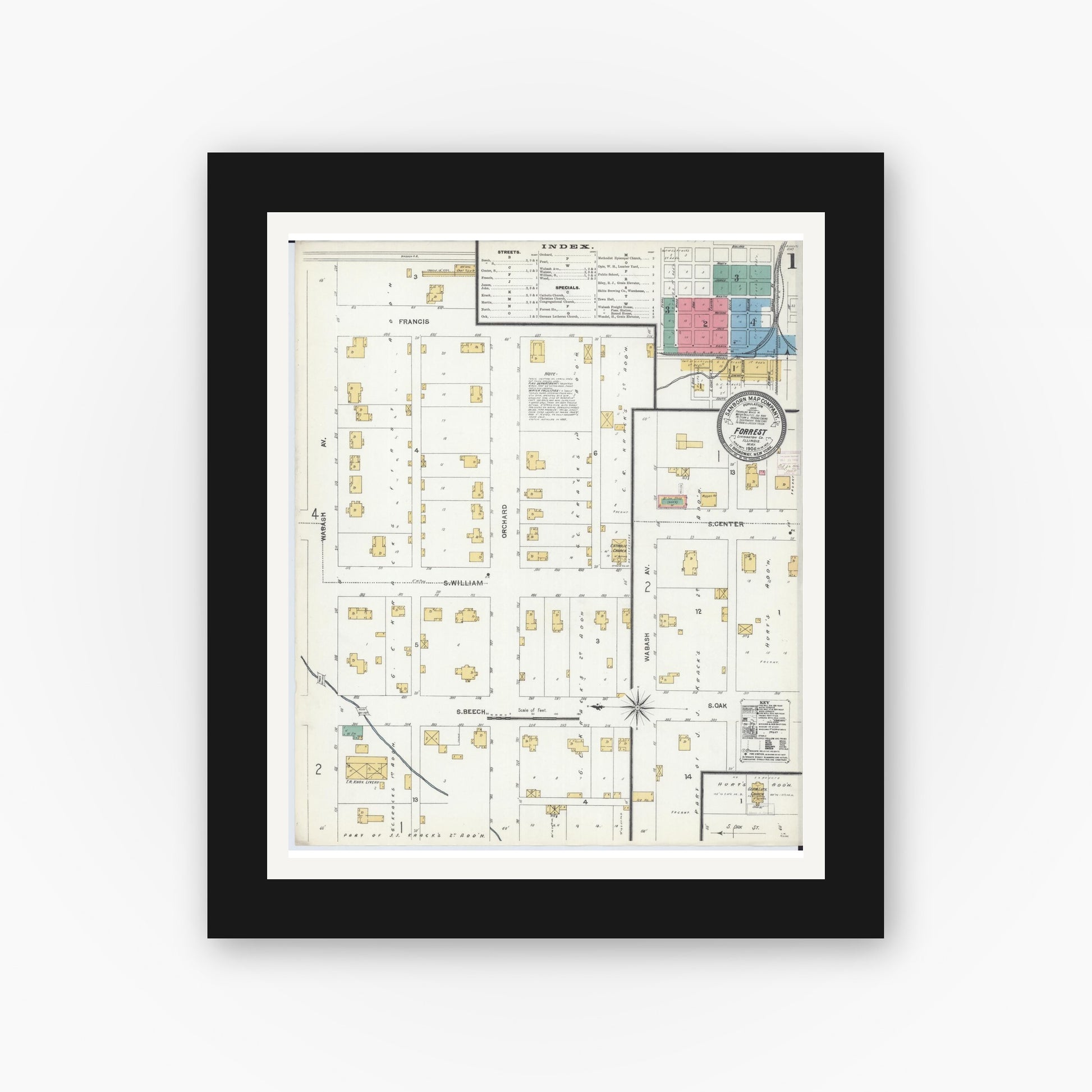 Old map wall art mockup — black gallery frame with white mat — Sanborn Fire Insurance Map from Forrest, Livingston County, Illinois (1906), Sheet #0001