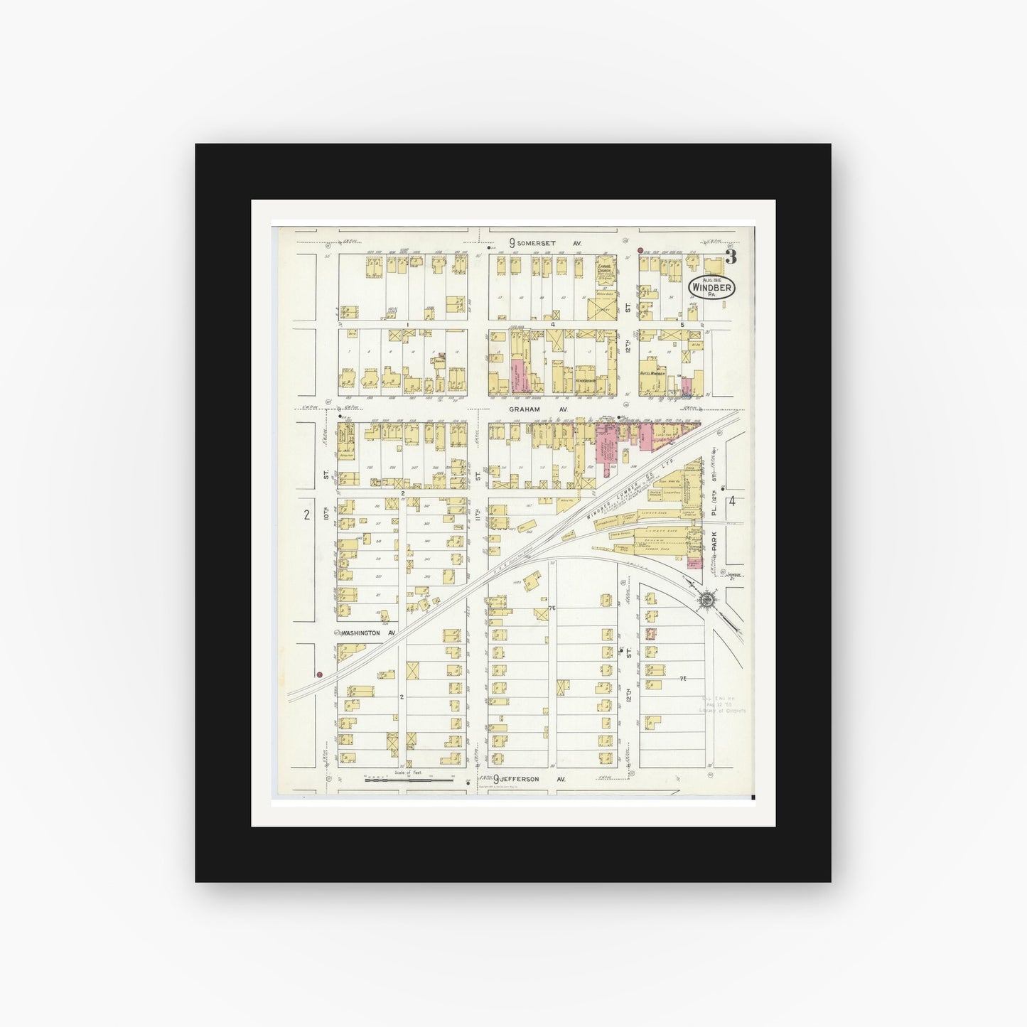 Old map wall art mockup — black gallery frame with white mat — Sanborn Fire Insurance Map from Windber, Somerset County, Pennsylvania (1916), Sheet #0003