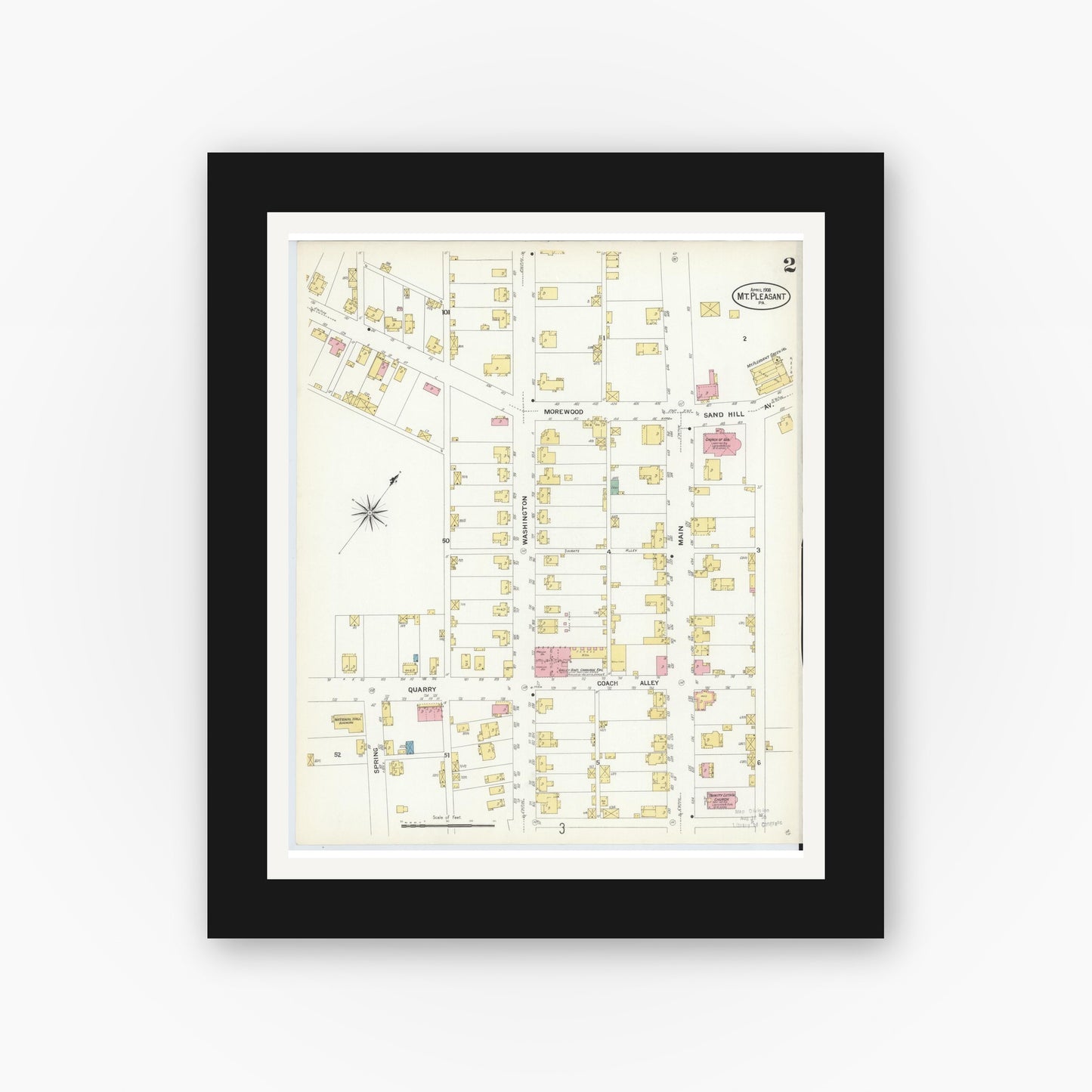 Old map wall art mockup — black gallery frame with white mat — Sanborn Fire Insurance Map from Mount Pleasant, Westmoreland County, Pennsylvania (1908), Sheet #0002