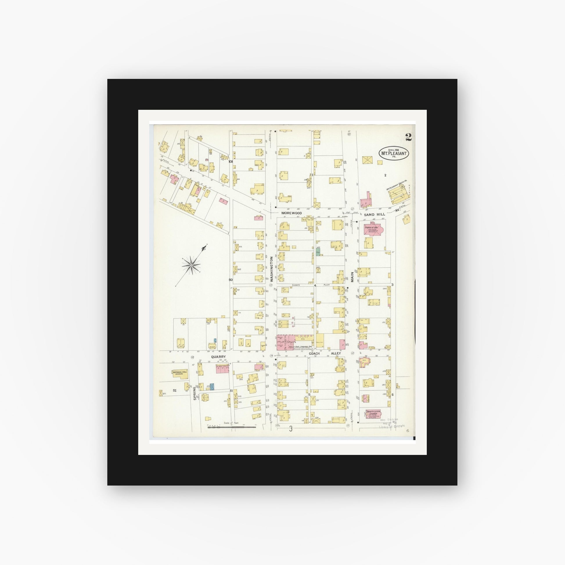 Old map wall art mockup — black gallery frame with white mat — Sanborn Fire Insurance Map from Mount Pleasant, Westmoreland County, Pennsylvania (1908), Sheet #0002