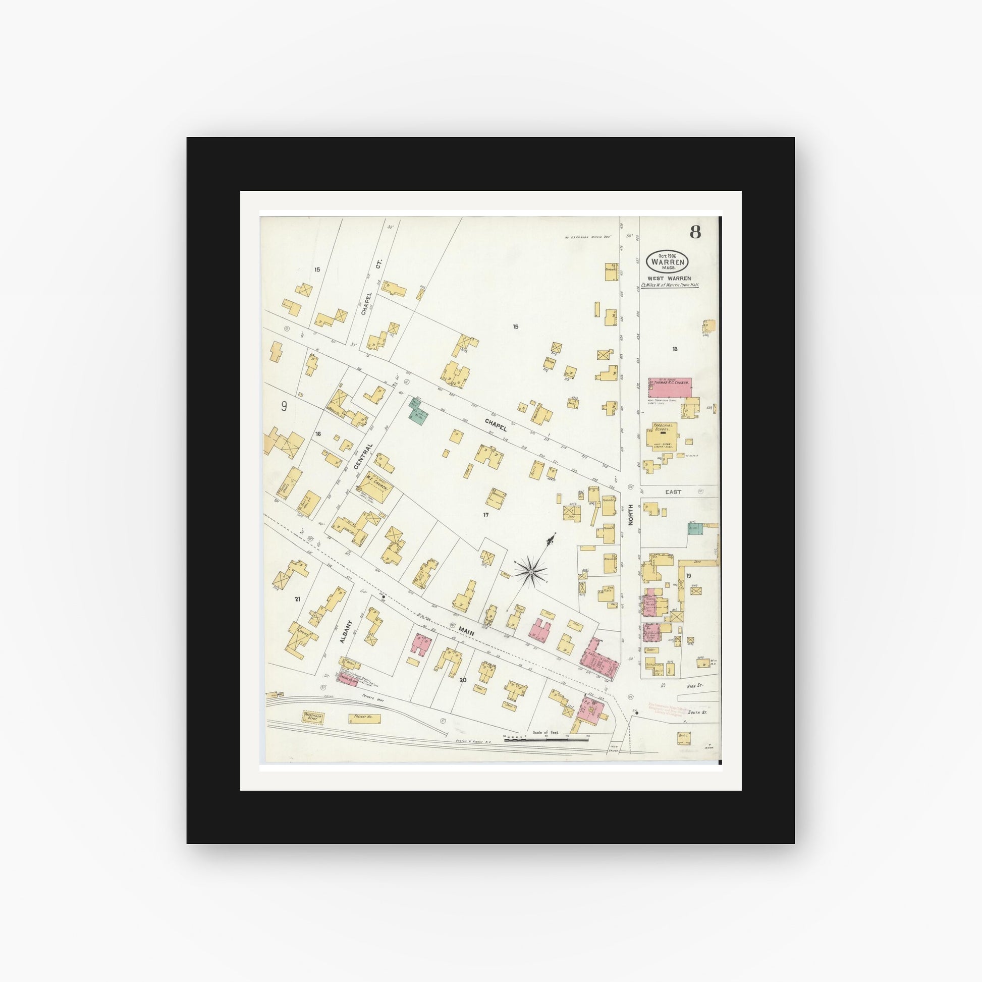 Old map wall art mockup — black gallery frame with white mat — Sanborn Fire Insurance Map from Warren, Worcester County, Massachusetts (1906), Sheet #0008