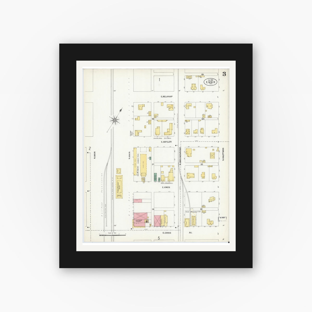 Old map wall art mockup — black gallery frame with white mat — Sanborn Fire Insurance Map from Ennis, Ellis County, Texas (1901), Sheet #0003