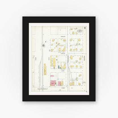Old map wall art mockup — black gallery frame with white mat — Sanborn Fire Insurance Map from Ennis, Ellis County, Texas (1901), Sheet #0003