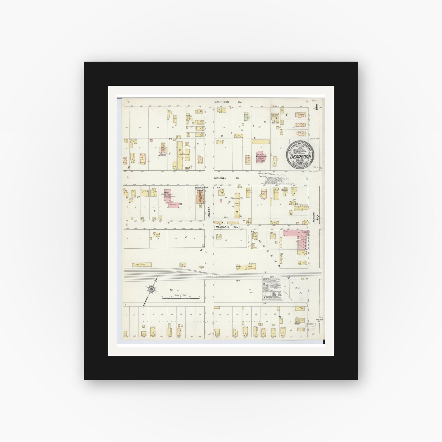 Old map wall art mockup — black gallery frame with white mat — Sanborn Fire Insurance Map from Dearborn, Wayne County, Michigan (1912), Sheet #0001
