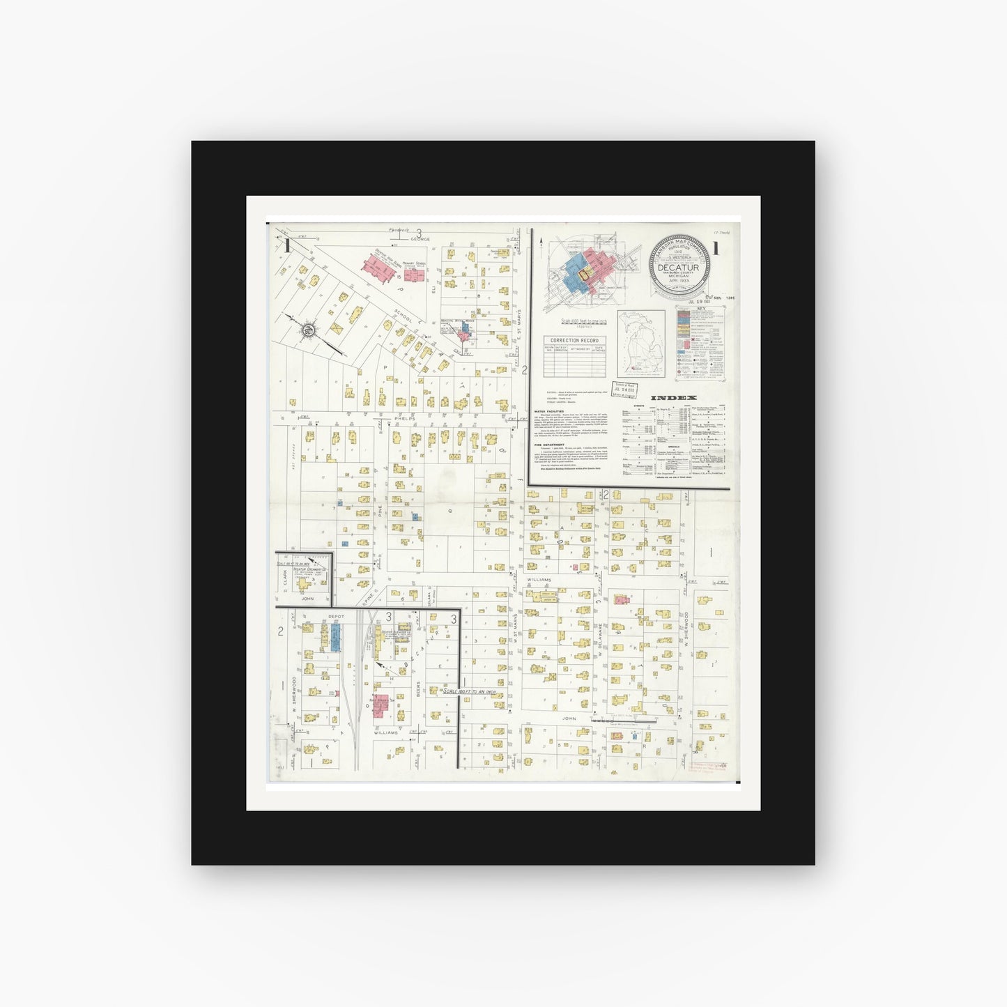 Old map wall art mockup — black gallery frame with white mat — Sanborn Fire Insurance Map from Decatur, Van Buren County, Michigan (1933) - Complete Map Set