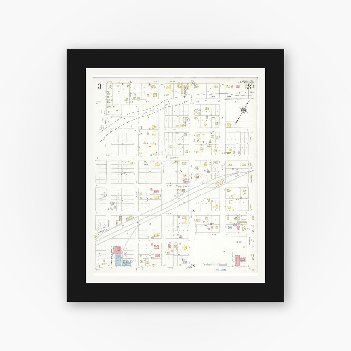 Old map wall art mockup — black gallery frame with white mat — Sanborn Fire Insurance Map from Sonora, Sutton County, Texas (1937), Sheet #0003