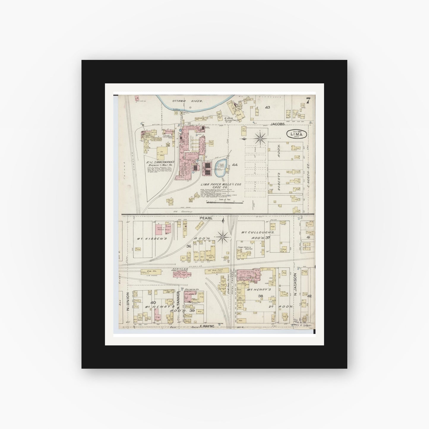 Old map wall art mockup — black gallery frame with white mat — Sanborn Fire Insurance Map from Lima, Allen County, Ohio (1887), Sheet #0007