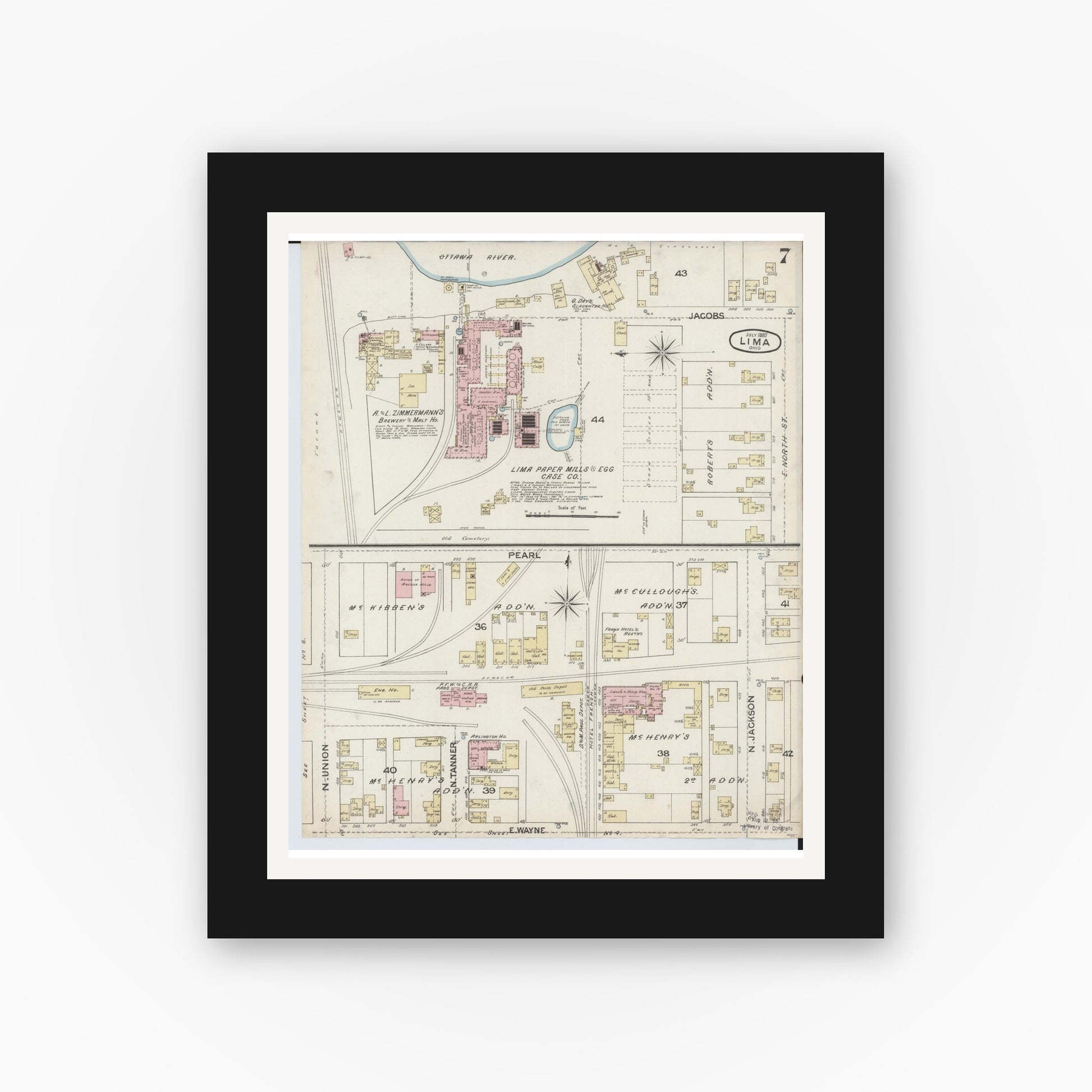 Old map wall art mockup — black gallery frame with white mat — Sanborn Fire Insurance Map from Lima, Allen County, Ohio (1887), Sheet #0007